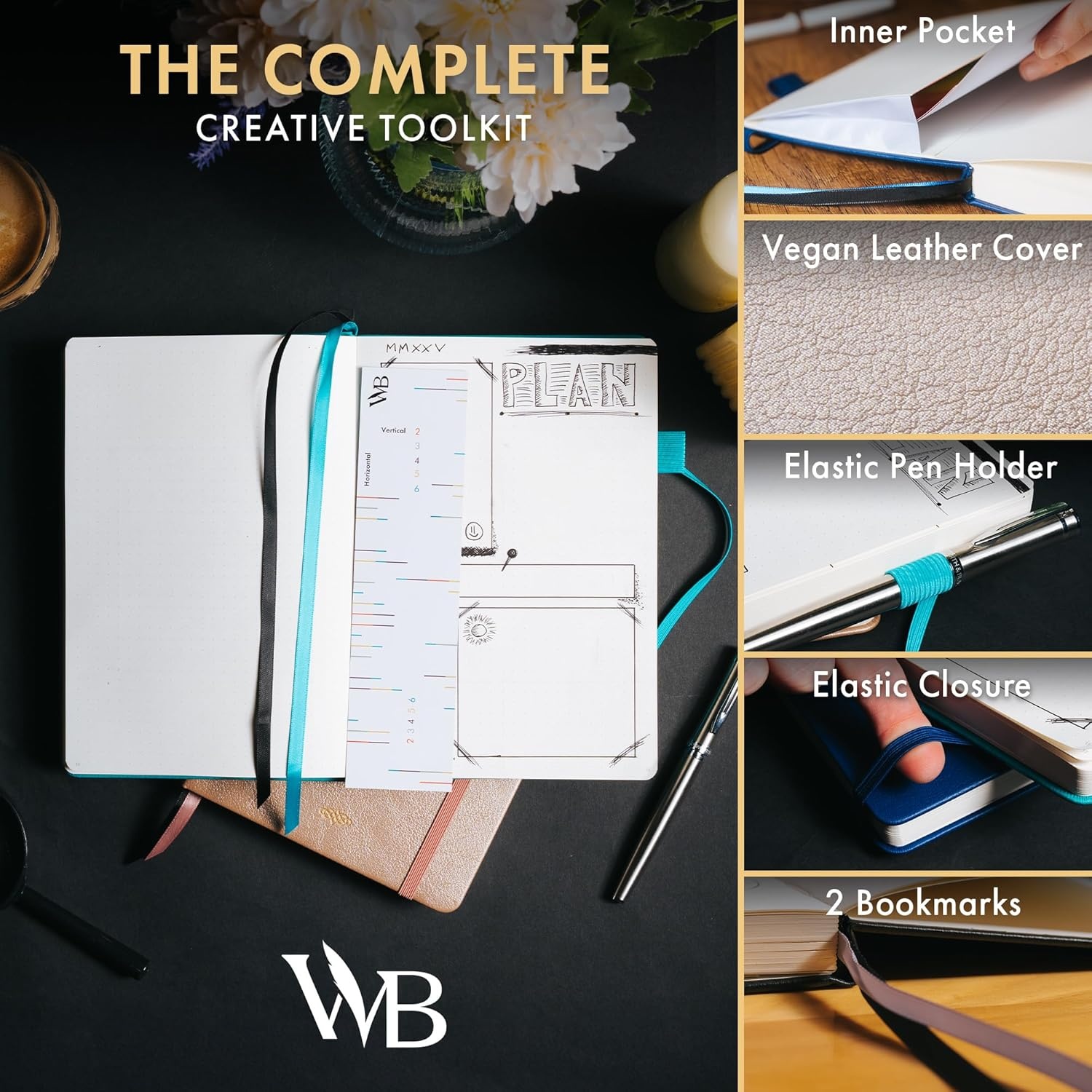 image:imageWordsworth amp Black A5 Bullet Dotted Journal 216 Dotted Pages Hardcover Grid Dot Leather 120 GSM PaperJournaling Notebook for Work amp SketchingJournals for WomenMenGifts Box Included TurquoiseRose Gold