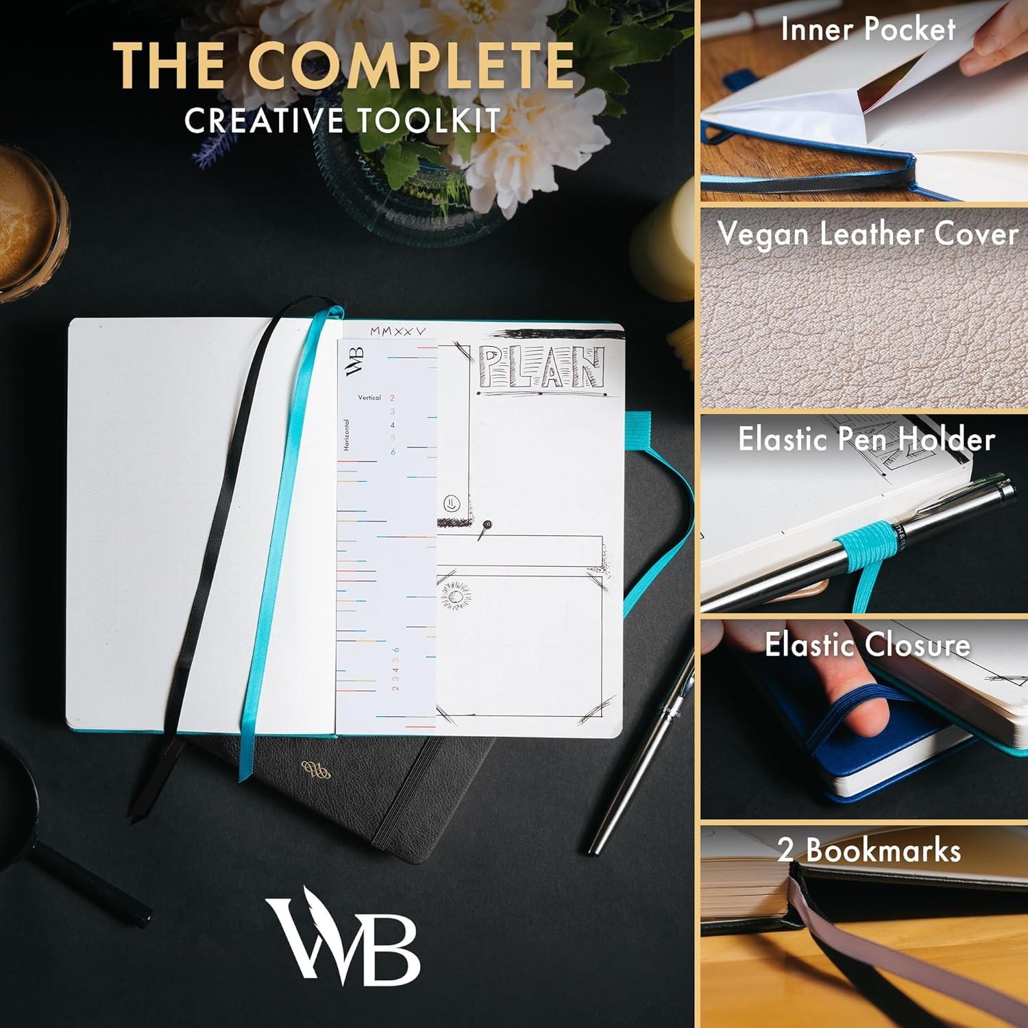 image:imageWordsworth amp Black A5 Bullet Dotted Journal 216 Dotted Pages Hardcover Grid Dot Leather 120 GSM PaperJournaling Notebook for Work amp SketchingJournals for WomenMenGifts Box Included TurquoiseBlack