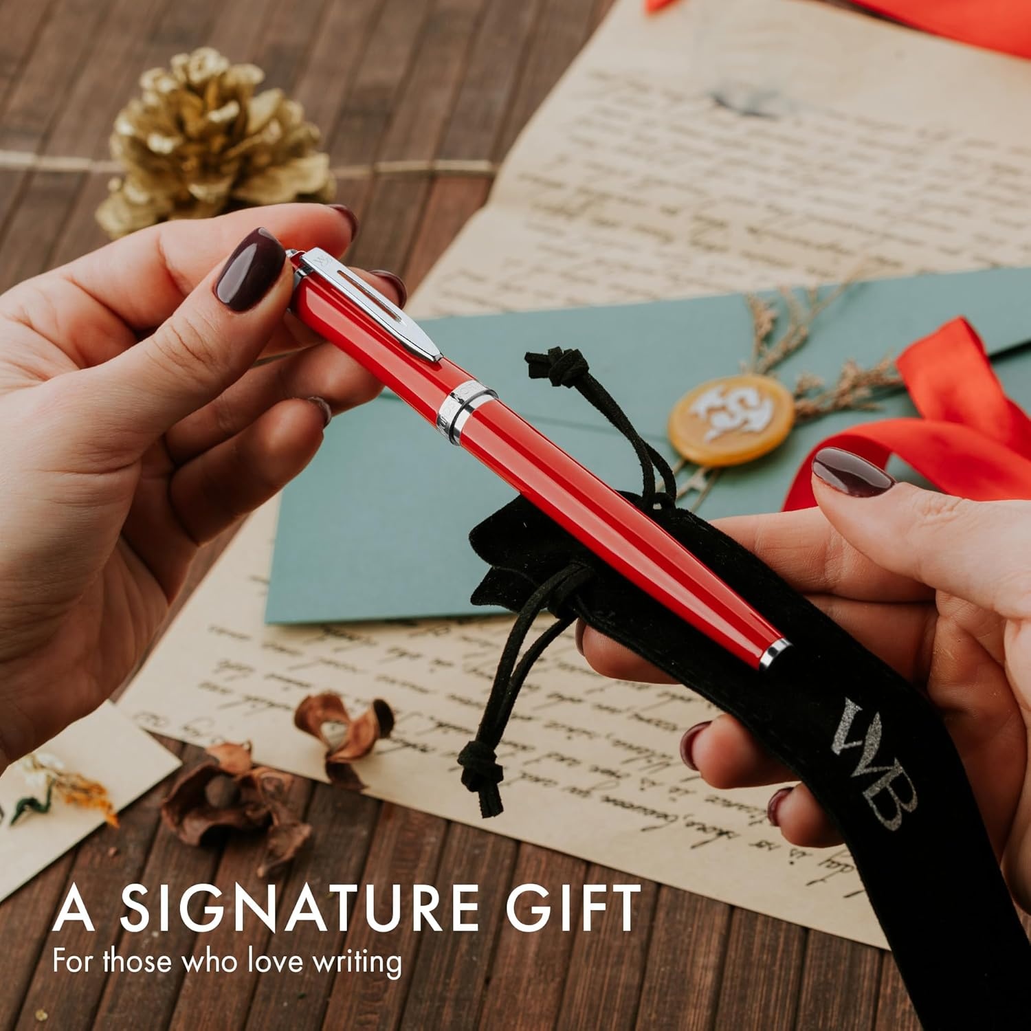 image:imageWordsworth amp Black Fountain Pen Set 18K Gilded Medium Nib Includes 24 Pack Ink Cartridges Ink Refill Converter amp Gift Pouch Gold Finish Calligraphy Imperial Blue Perfect for Men amp WomenCrimson Red Chrome