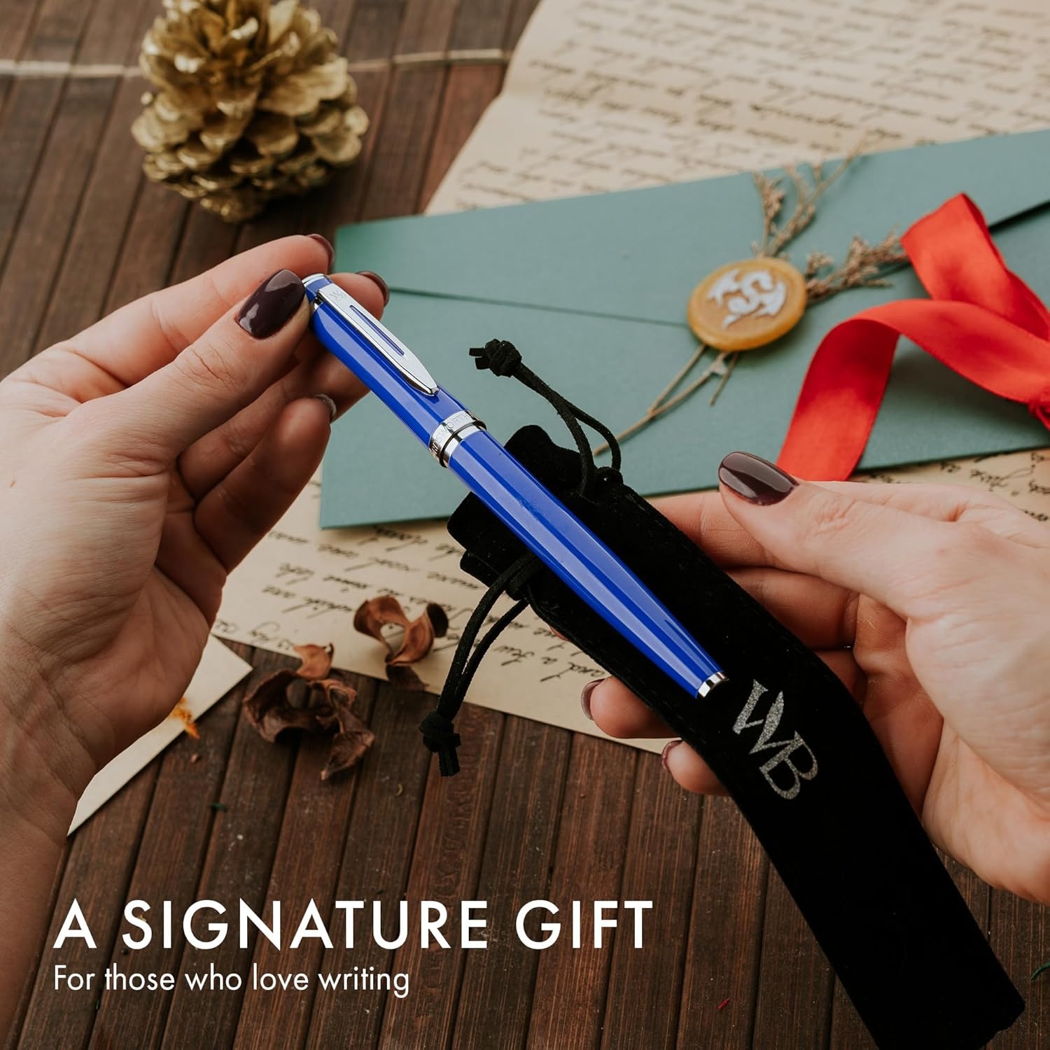 image:imageWordsworth amp Black Fountain Pen Set 18K Gilded Medium Nib Includes 24 Pack Ink Cartridges Ink Refill Converter amp Gift Pouch Gold Finish Calligraphy Imperial Blue Perfect for Men amp WomenImperial Blue Chrome