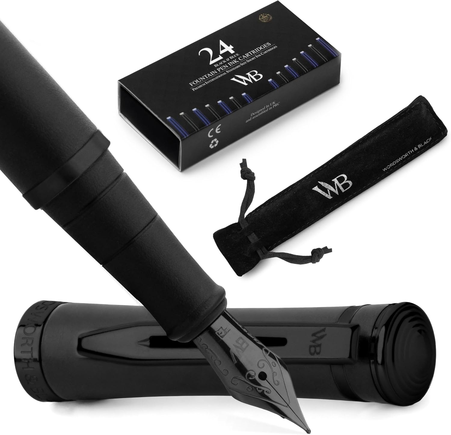 image:imageWordsworth amp Black Fountain Pen Set 18K Gilded Medium Nib Includes 24 Pack Ink Cartridges Ink Refill Converter amp Gift Pouch Gold Finish Calligraphy Imperial Blue Perfect for Men amp WomenAll Black