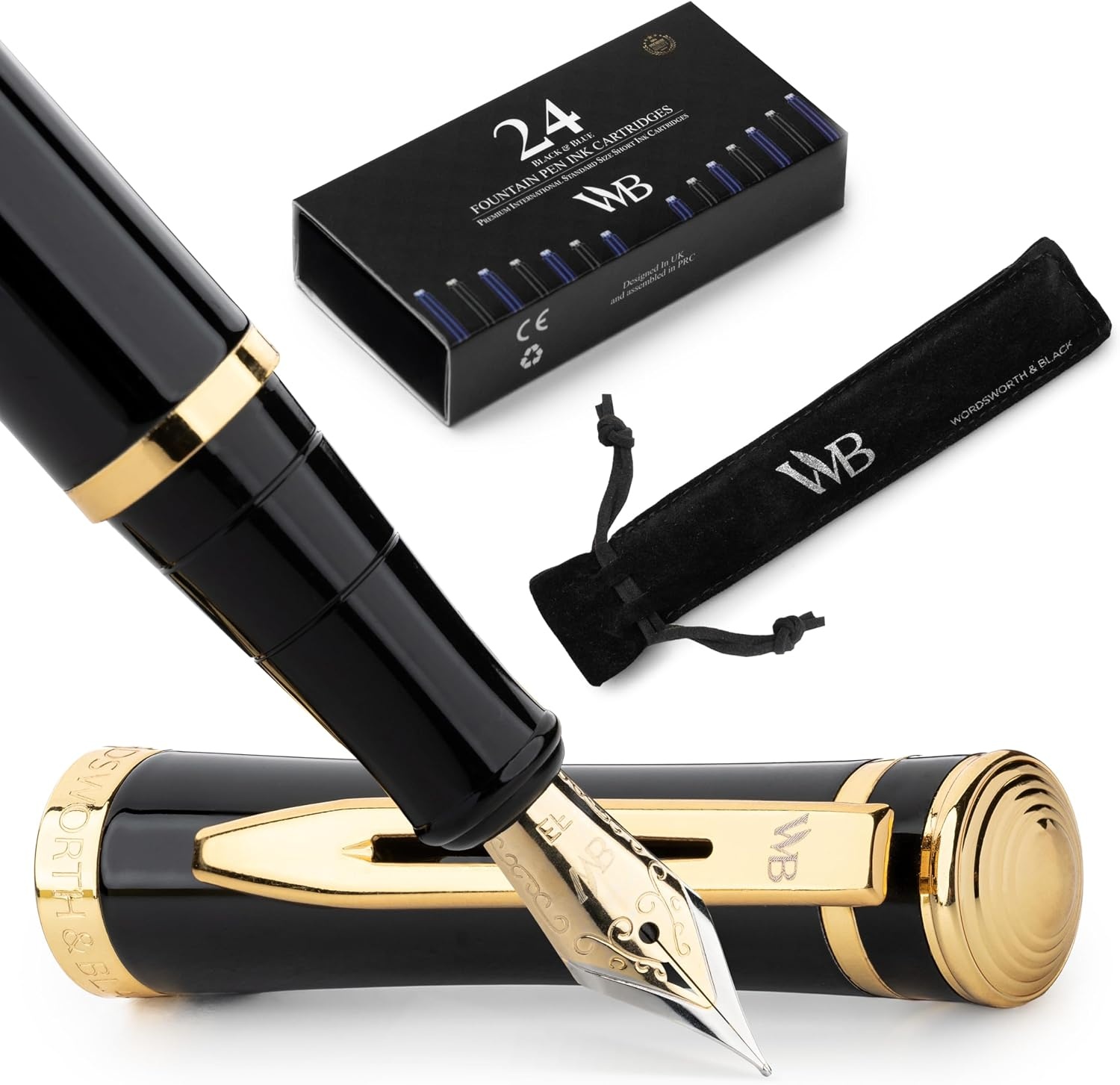 image:imageWordsworth amp Black Fountain Pen Set 18K Gilded Medium Nib Includes 24 Pack Ink Cartridges Ink Refill Converter amp Gift Pouch Gold Finish Calligraphy Imperial Blue Perfect for Men amp WomenBlack Gold