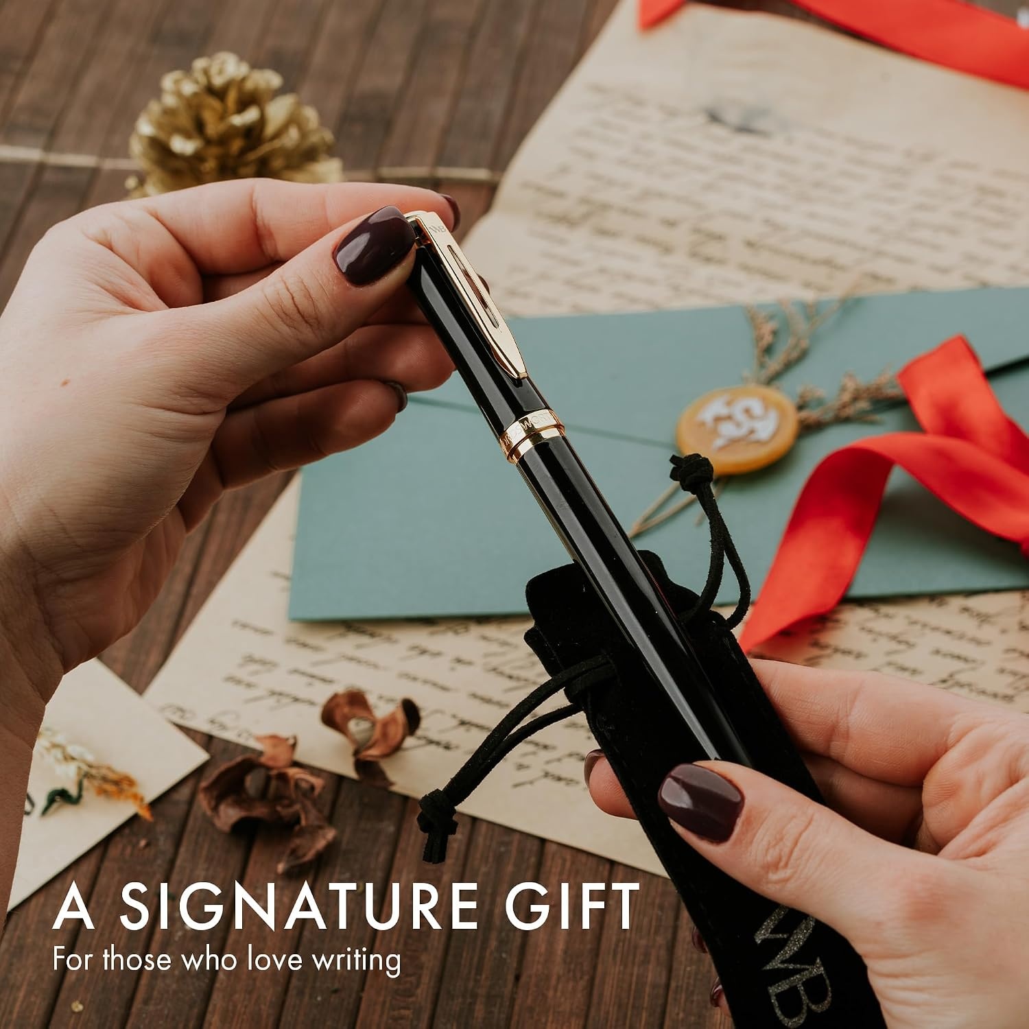 image:imageWordsworth amp Black Fountain Pen Set 18K Gilded Medium Nib Includes 24 Pack Ink Cartridges Ink Refill Converter amp Gift Pouch Gold Finish Calligraphy Imperial Blue Perfect for Men amp WomenBlack Gold
