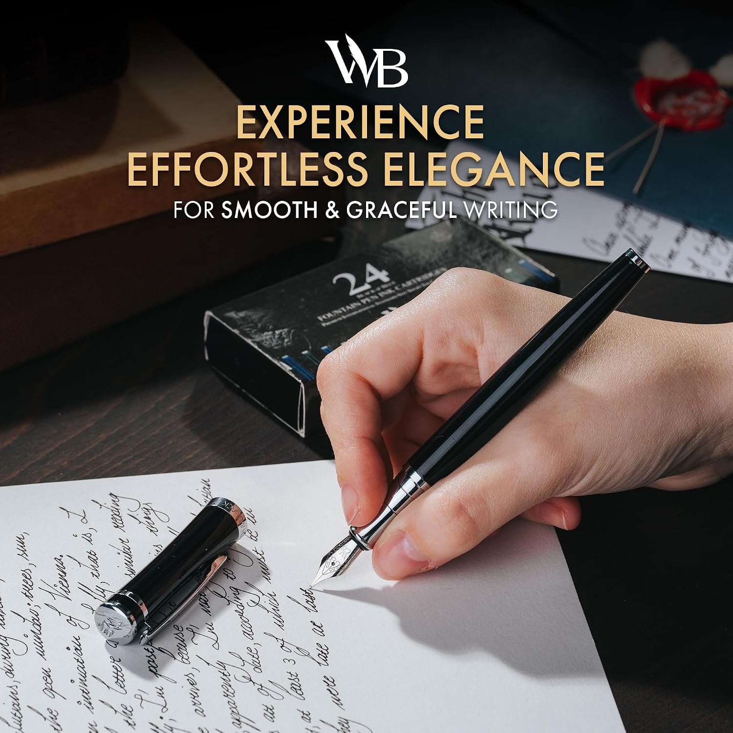 image:imageWordsworth amp Black Fountain Pen Set Black Chrome Medium Nib Includes Spare Bent Nib Chrome 24 Ink Cartridges Refill Converter and Premium Gift Case