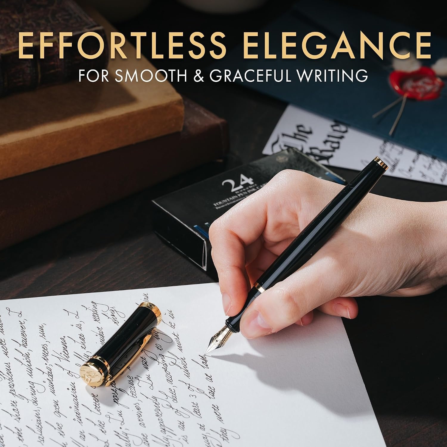 image:imageWordsworth amp Black Fountain Pen Set Black Gold Medium Nib Includes 50 ml Pen Ink Black 24 Ink Cartridges Refill Converter and Premium Gift Case