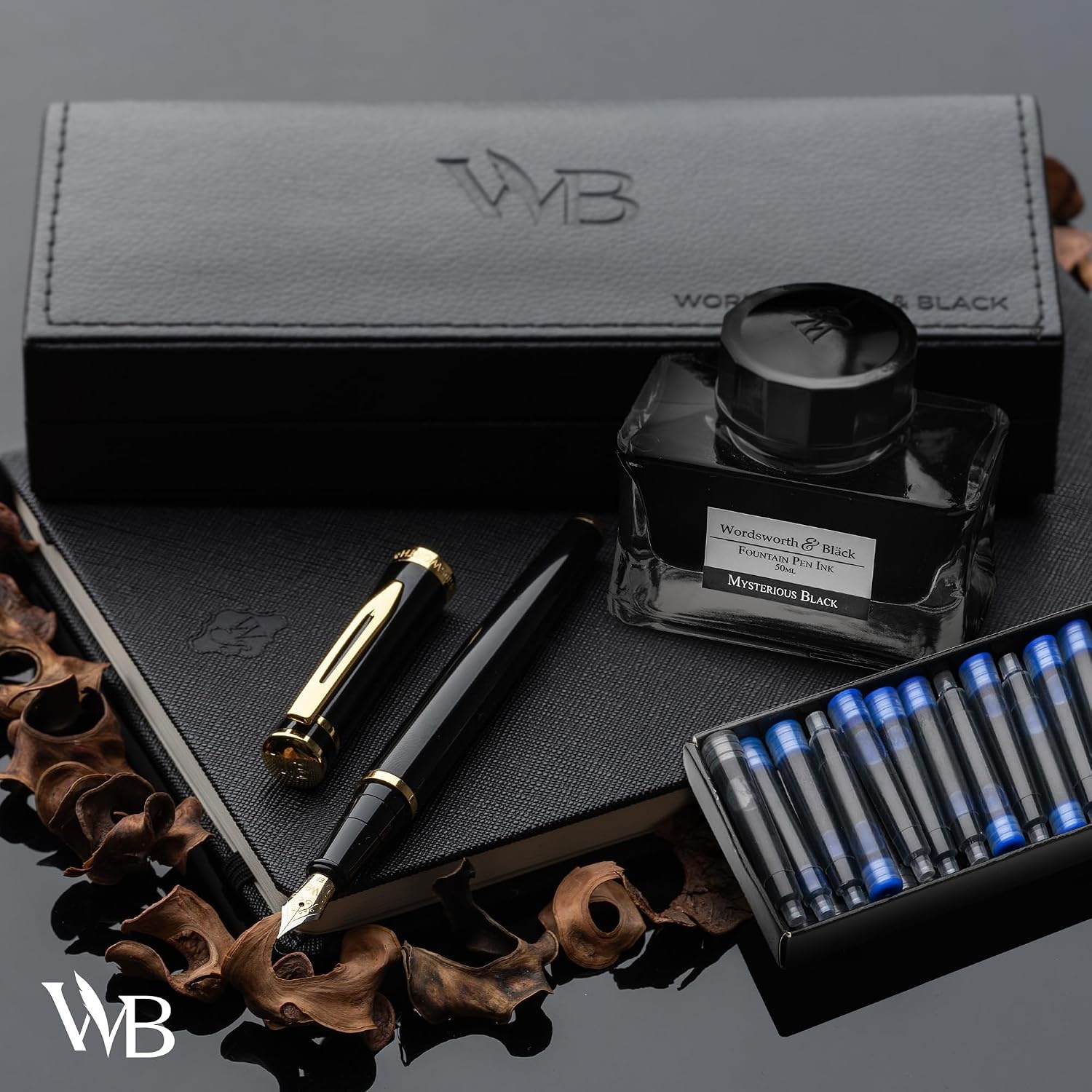 image:imageWordsworth amp Black Fountain Pen Set Black Gold Medium Nib Includes 50 ml Pen Ink Black 24 Ink Cartridges Refill Converter and Premium Gift Case