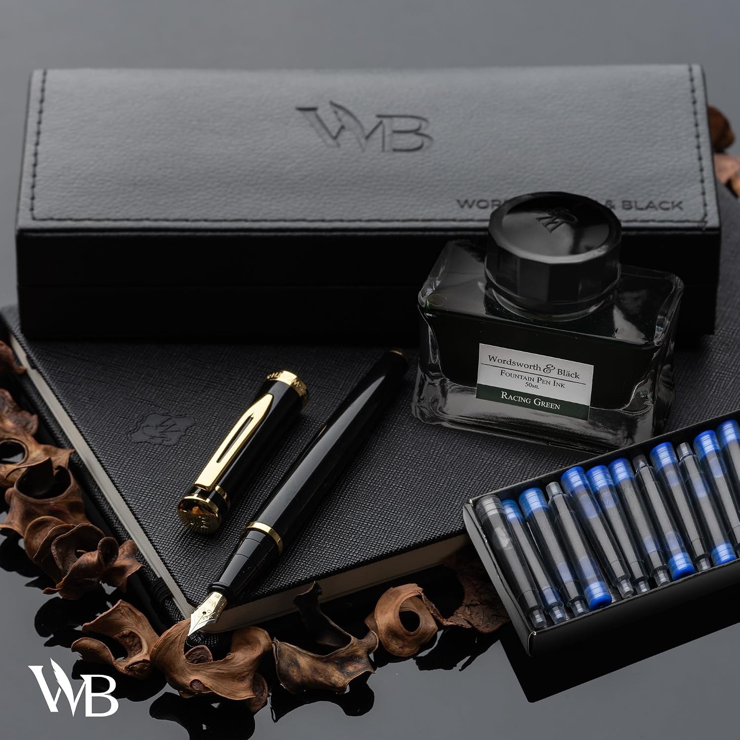 image:imageWordsworth amp Black Fountain Pen Set Black Gold Medium Nib Includes 50 ml Pen Ink Green 24 Ink Cartridges Refill Converter and Premium Gift Case