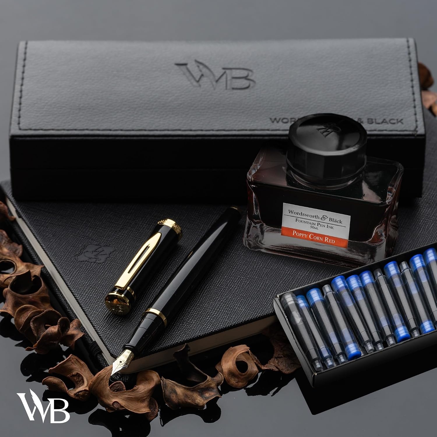 image:imageWordsworth amp Black Fountain Pen Set Black Gold Medium Nib Includes 50 ml Pen Ink Red 24 Ink Cartridges Refill Converter and Premium Gift Case