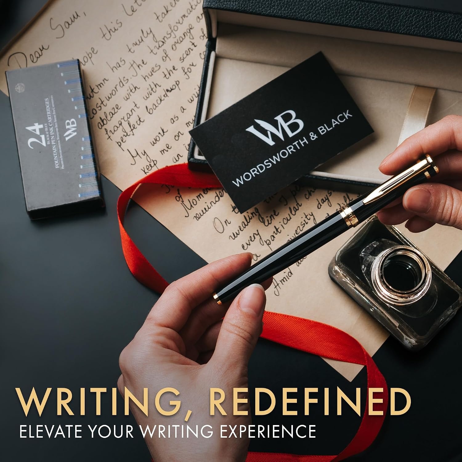 image:imageWordsworth amp Black Fountain Pen Set Black Gold Medium Nib Includes 50 ml Pen Ink Red 24 Ink Cartridges Refill Converter and Premium Gift Case