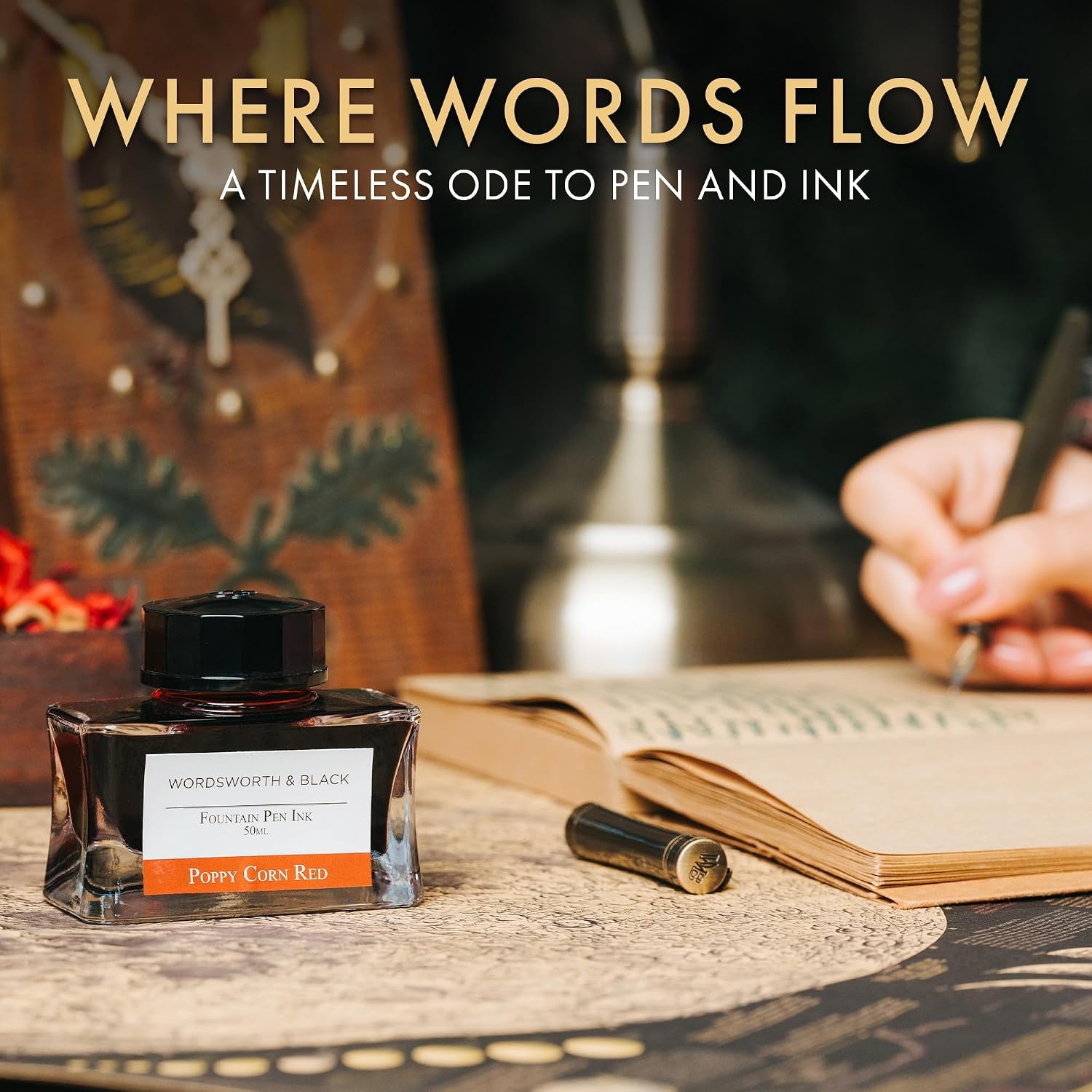 image:imageWordsworth amp Black Fountain Pen Set Black Gold Medium Nib Includes 50 ml Pen Ink Red 24 Ink Cartridges Refill Converter and Premium Gift Case