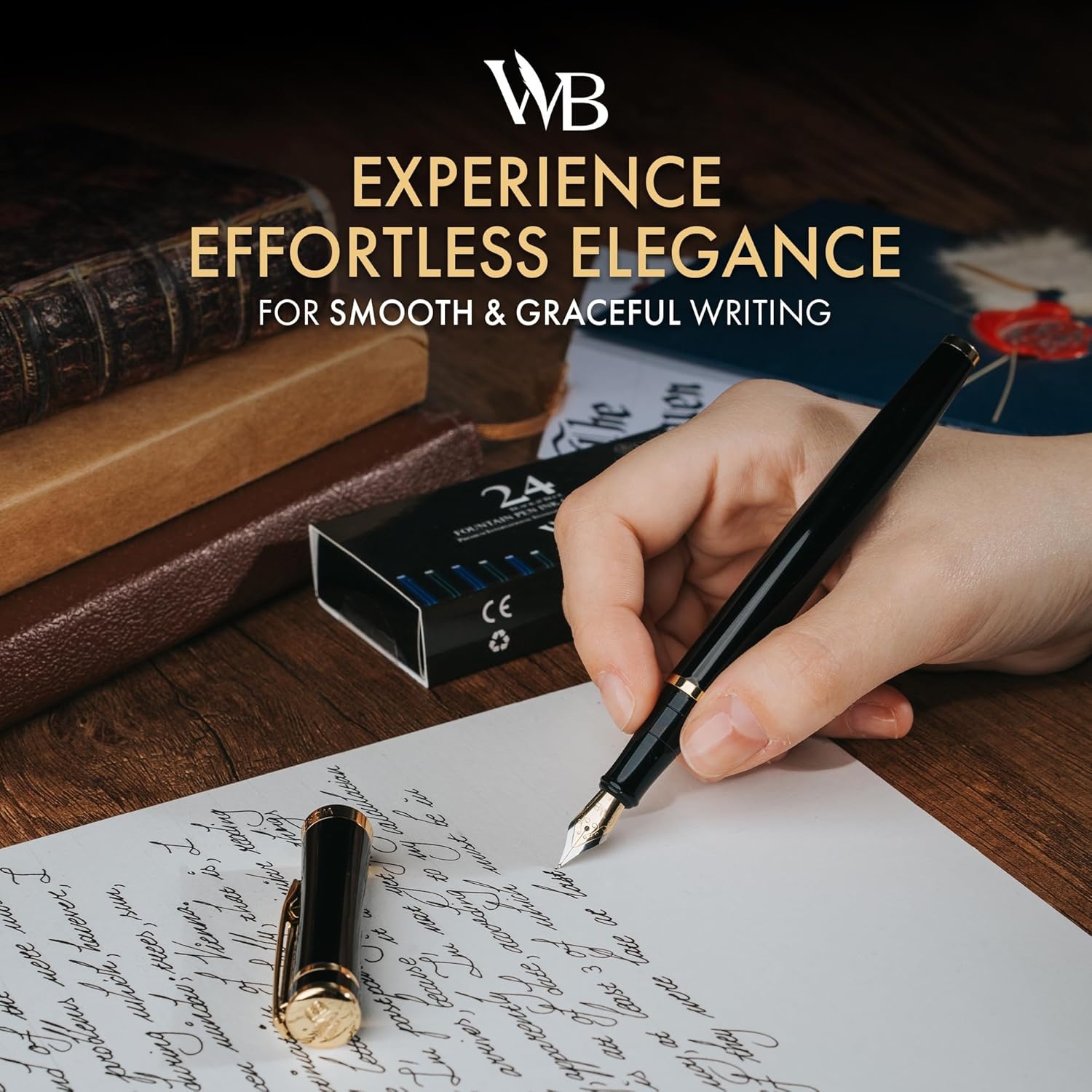 image:imageWordsworth amp Black Fountain Pen Set Black Gold Medium Nib Includes Spare Bent Nib Gold 24 Ink Cartridges Refill Converter and Premium Gift Case