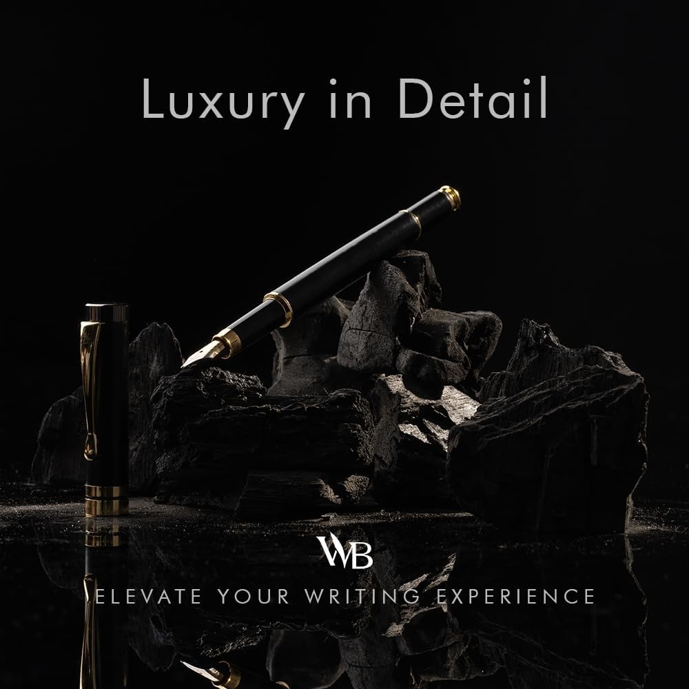 image:imageWordsworth amp Black Fountain Pen Set Black Wood Luxury Bamboo Wood Medium Nib Includes Spare Extra Fine Nib Gold 6 Ink Cartridges Refill Converter and Premium Gift Case