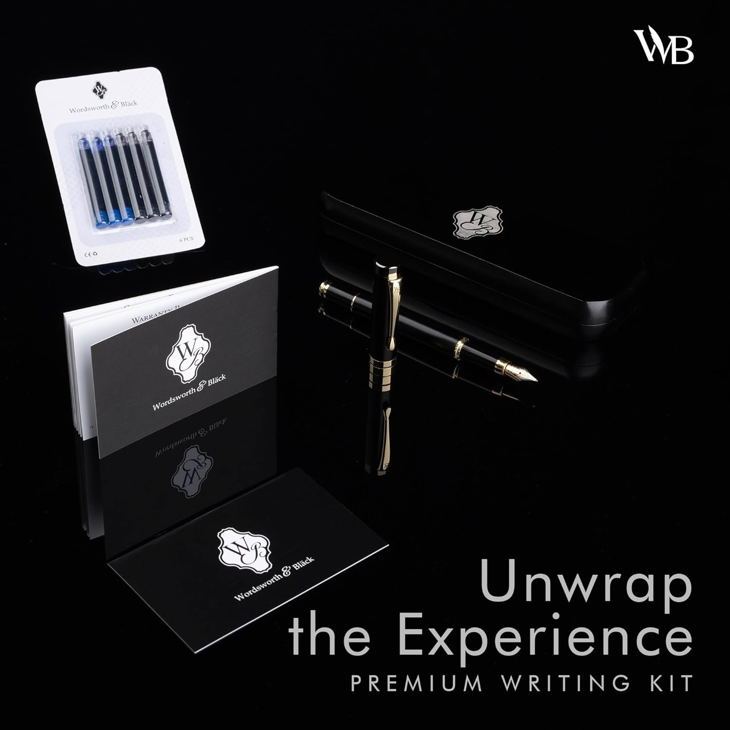 image:imageWordsworth amp Black Fountain Pen Set Black Wood Luxury Bamboo Wood Medium Nib Includes Spare Extra Fine Nib Gold 6 Ink Cartridges Refill Converter and Premium Gift Case