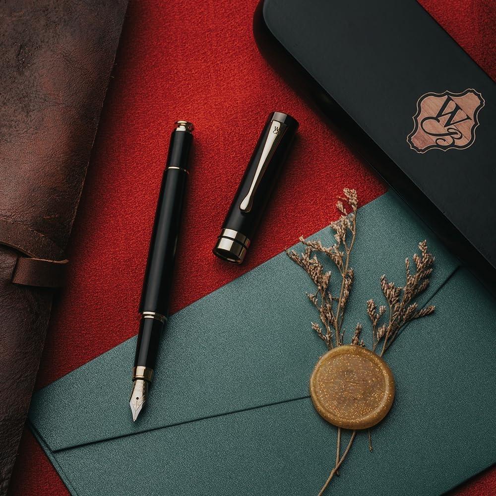 image:imageWordsworth amp Black Fountain Pen Set Black Wood Luxury Bamboo Wood Medium Nib Includes Spare Extra Fine Nib Gold 6 Ink Cartridges Refill Converter and Premium Gift Case
