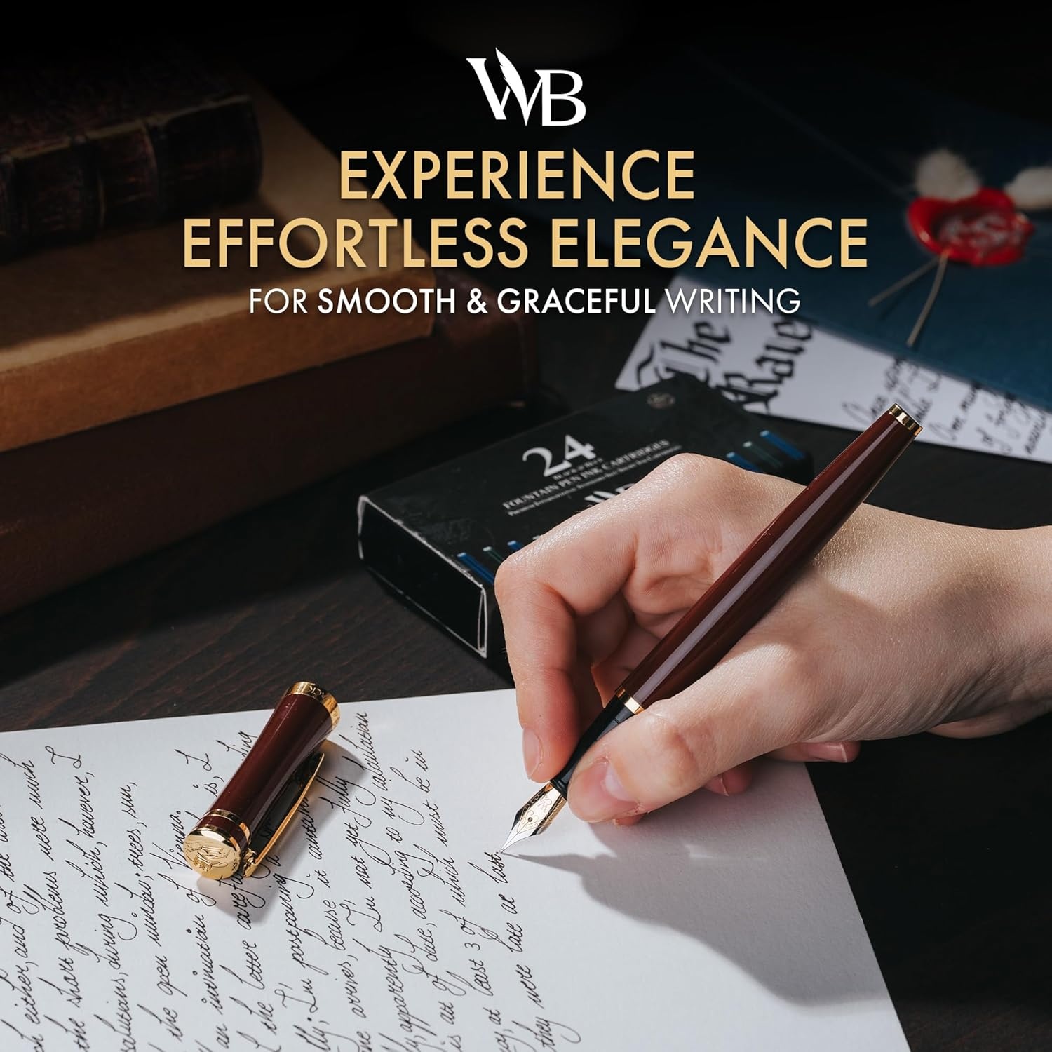 image:imageWordsworth amp Black Fountain Pen Set Brown Gold Medium Nib Includes Spare Bent Nib Gold 24 Ink Cartridges Refill Converter and Premium Gift Case