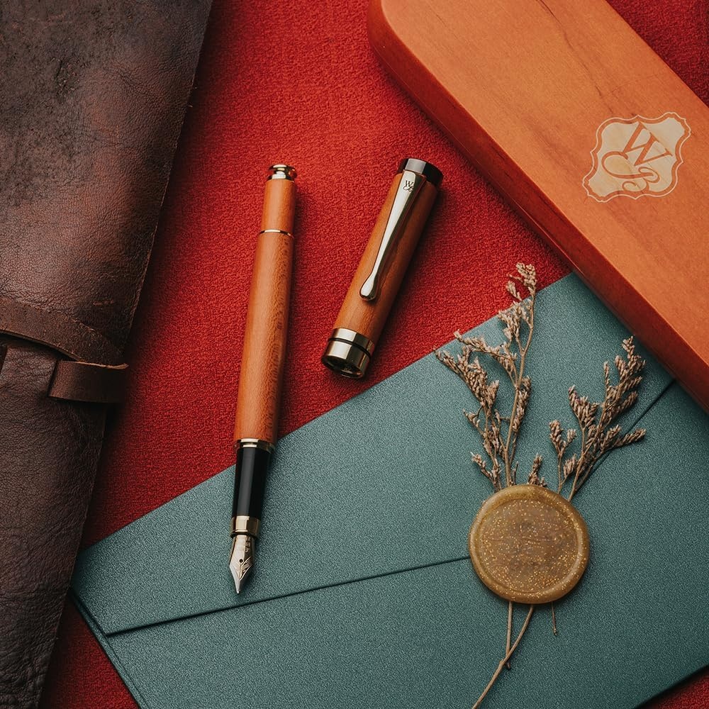 image:imageWordsworth amp Black Fountain Pen Set Cherry Wood Luxury Bamboo Wood Medium Nib Includes Spare Extra Fine Nib Gold 6 Ink Cartridges Refill Converter and Premium Gift Case