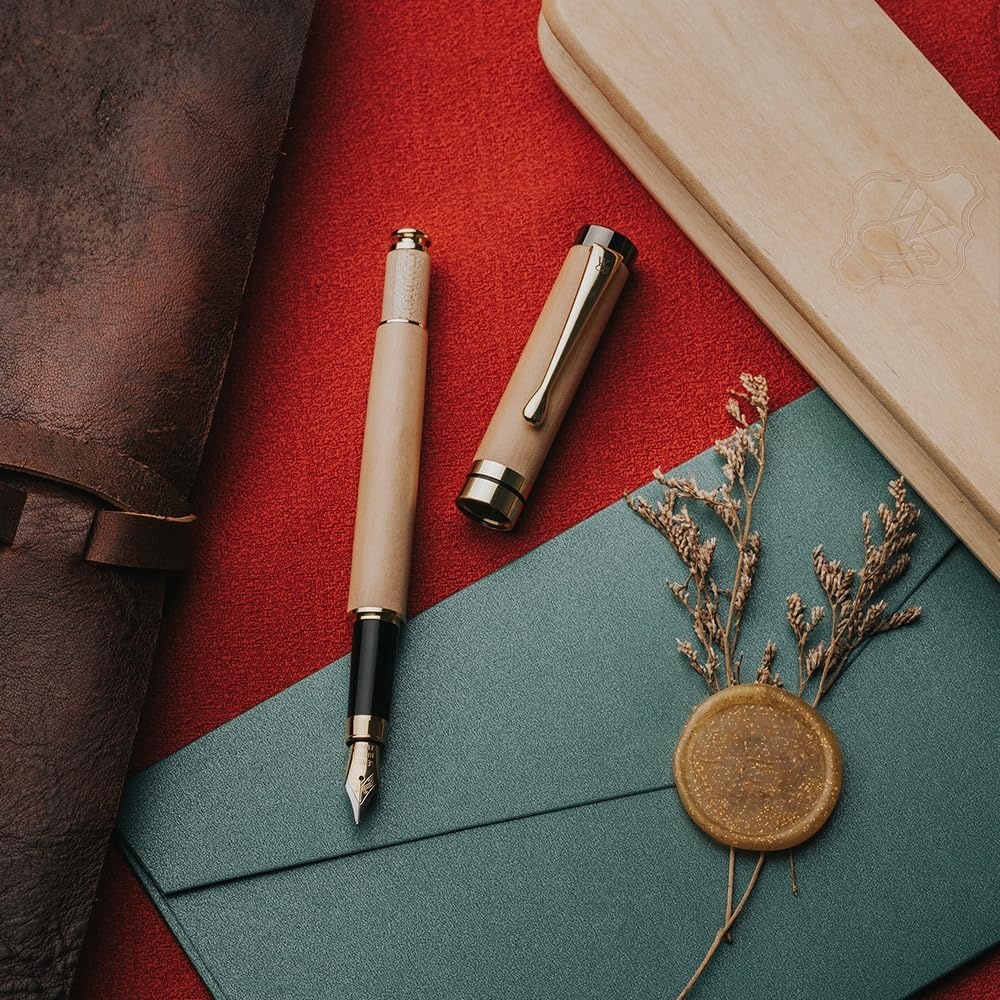 image:imageWordsworth amp Black Fountain Pen Set Luxury Bamboo Wood Medium Nib Gift Case Includes 6 Ink Cartridges Ink Refill Converter Journaling Calligraphy Drawing Smooth Writing Cherry WoodMaple Wood