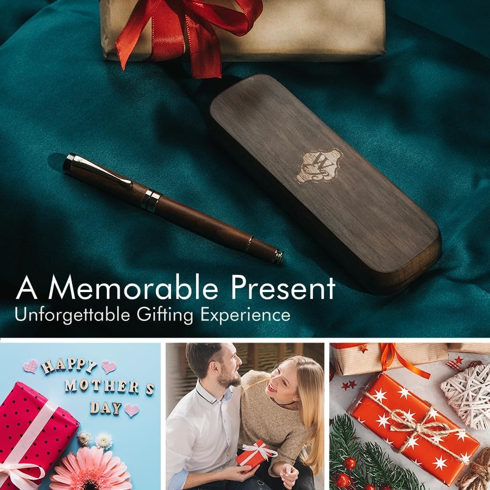 image:imageWordsworth amp Black Fountain Pen Set Luxury Bamboo Wood Medium Nib Gift Case Includes 6 Ink Cartridges Ink Refill Converter Journaling Calligraphy Drawing Smooth Writing Cherry WoodBrown Wood