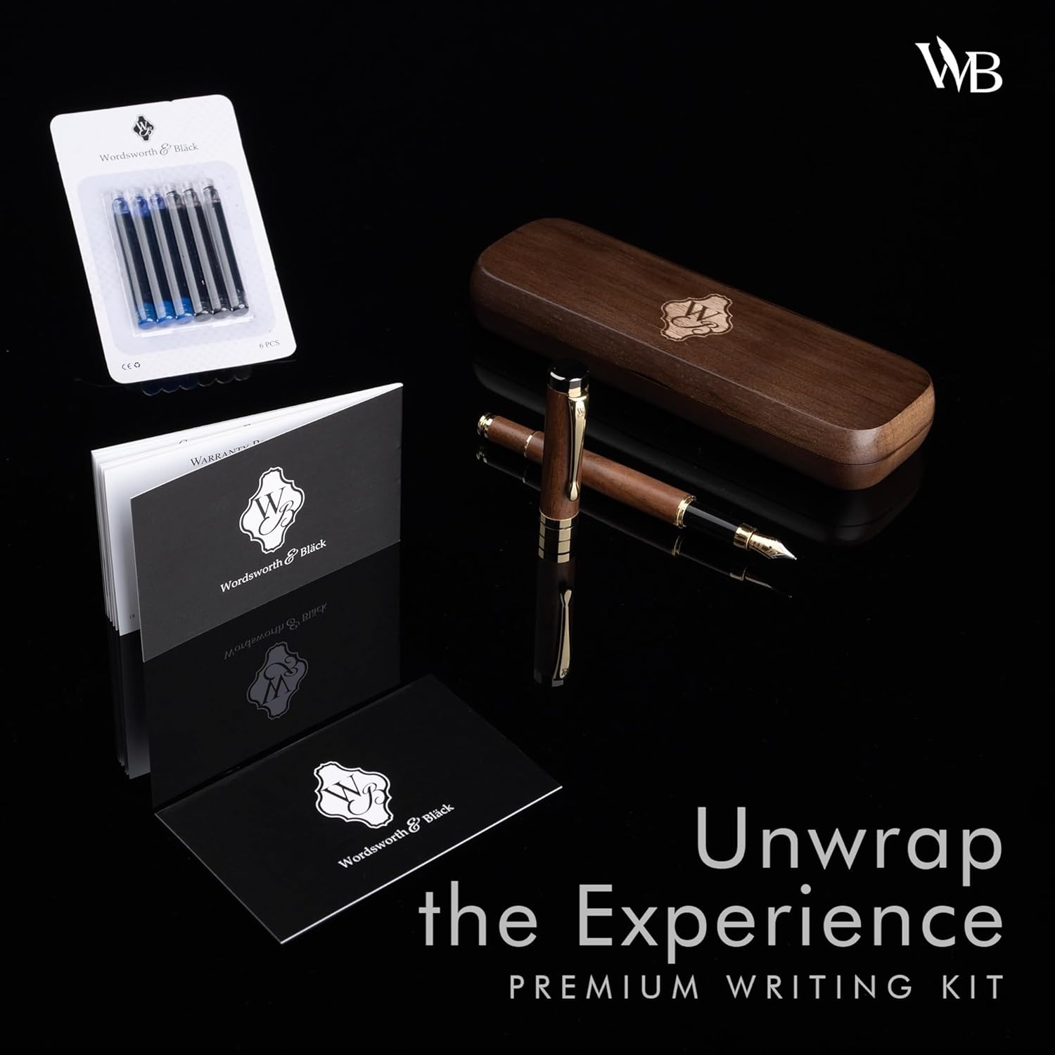 image:imageWordsworth amp Black Fountain Pen Set Luxury Bamboo Wood Medium Nib Gift Case Includes 6 Ink Cartridges Ink Refill Converter Journaling Calligraphy Drawing Smooth Writing Cherry WoodBrown Wood
