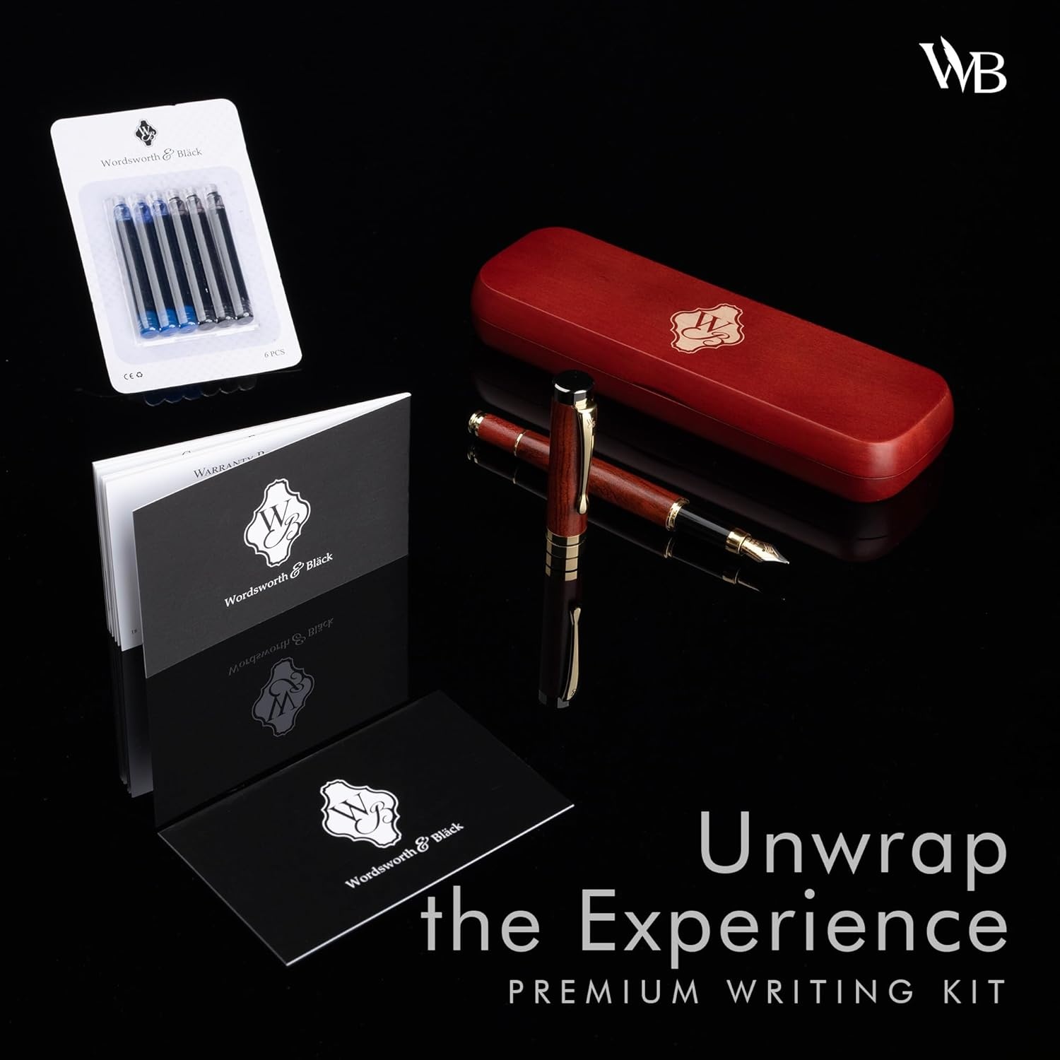 image:imageWordsworth amp Black Fountain Pen Set Luxury Bamboo Wood Medium Nib Gift Case Includes 6 Ink Cartridges Ink Refill Converter Journaling Calligraphy Drawing Smooth Writing Cherry WoodRosewood