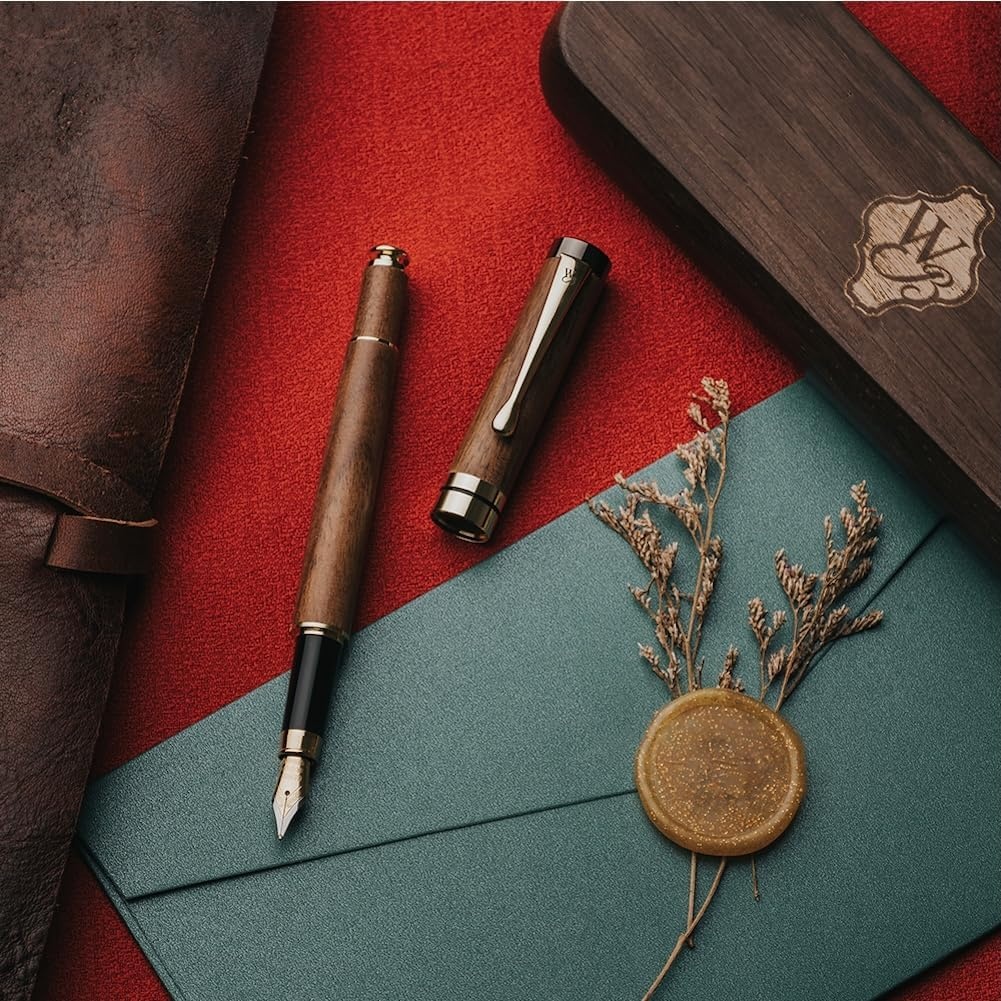image:imageWordsworth amp Black Fountain Pen Set Luxury Bamboo Wood Medium Nib Gift Case Includes 6 Ink Cartridges Ink Refill Converter Journaling Calligraphy Drawing Smooth Writing Cherry WoodBrown Wood