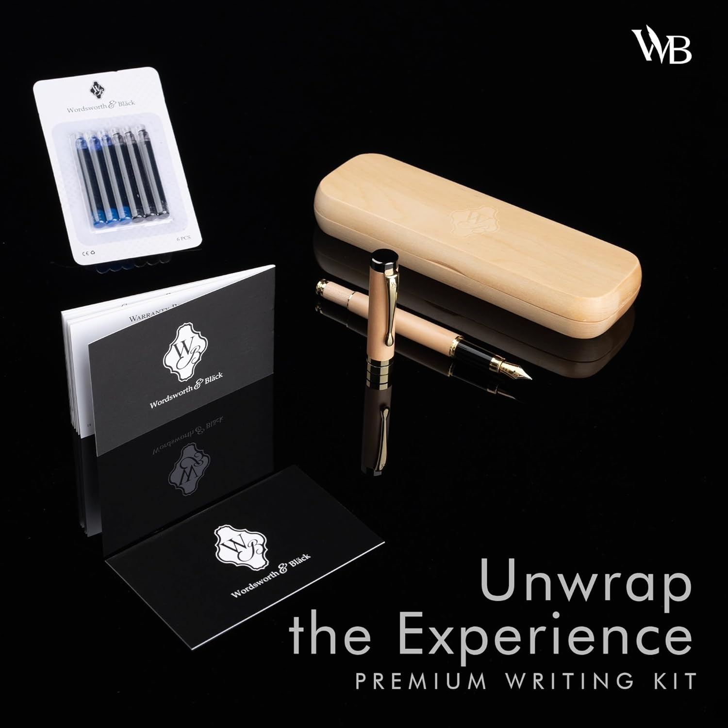 image:imageWordsworth amp Black Fountain Pen Set Maple Wood Luxury Bamboo Wood Medium Nib Includes Spare Extra Fine Nib Gold 6 Ink Cartridges Refill Converter and Premium Gift Case