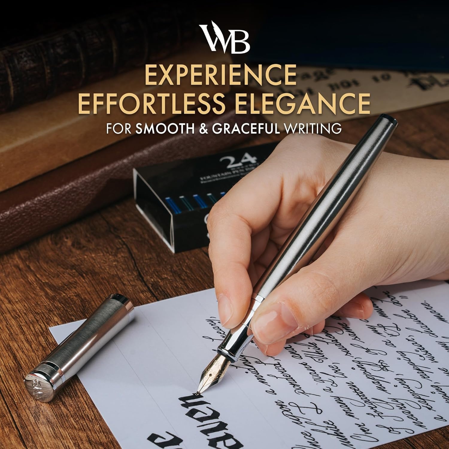 image:imageWordsworth amp Black Fountain Pen Set Medium Nib Includes 24 Ink Cartridges and Ink Refill Converter Gift Case Journaling Calligraphy Smooth Writing Pens Black Chrome Perfect for Men and WomenSilver Chrome