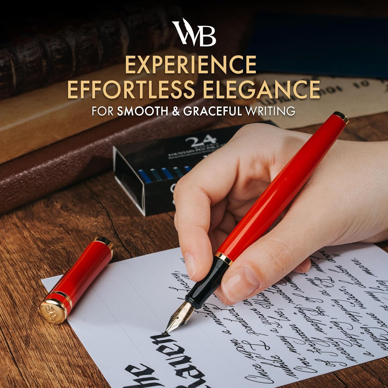 image:imageWordsworth amp Black Fountain Pen Set Medium Nib Includes 24 Ink Cartridges and Ink Refill Converter Gift Case Journaling Calligraphy Smooth Writing Pens Black Chrome Perfect for Men and WomenCrimson Red