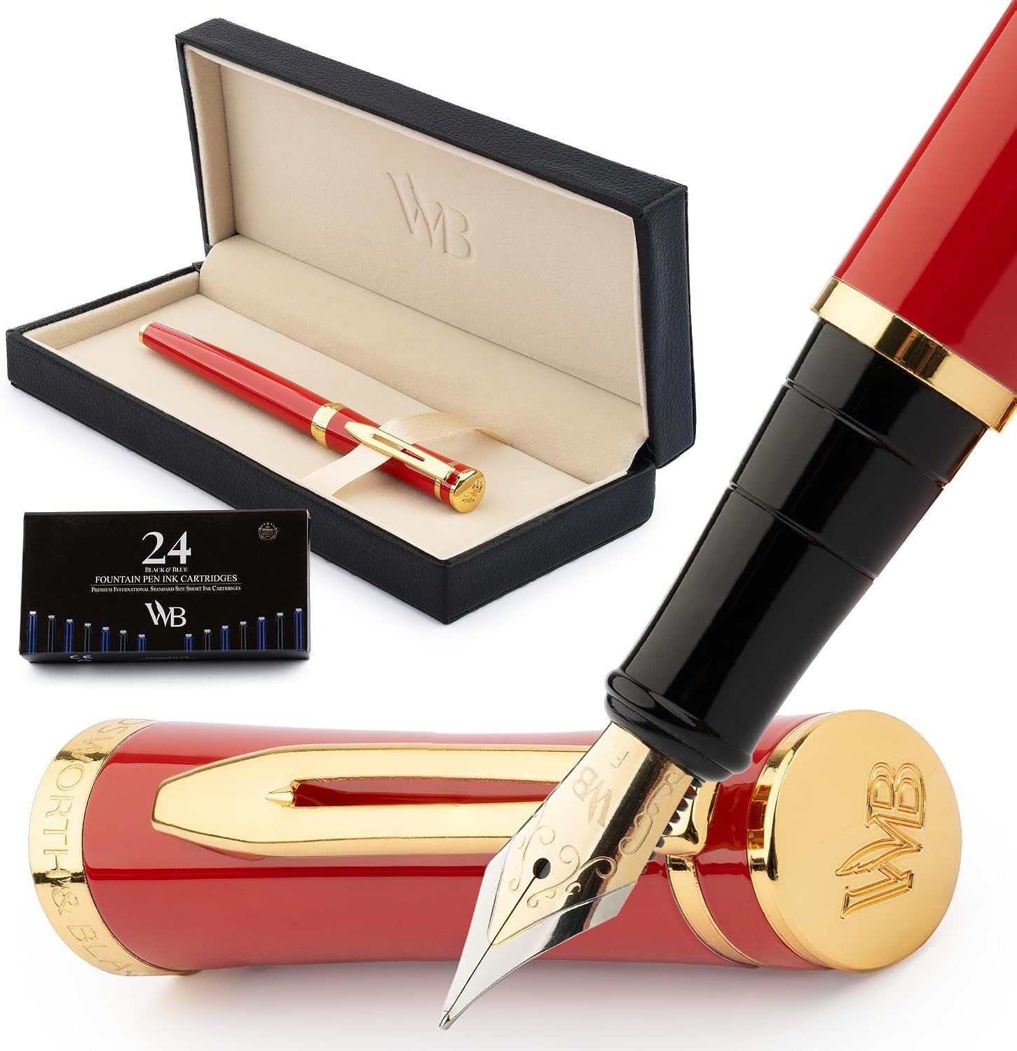 image:imageWordsworth amp Black Fountain Pen Set Medium Nib Includes 24 Ink Cartridges and Ink Refill Converter Gift Case Journaling Calligraphy Smooth Writing Pens Black Chrome Perfect for Men and WomenCrimson Red