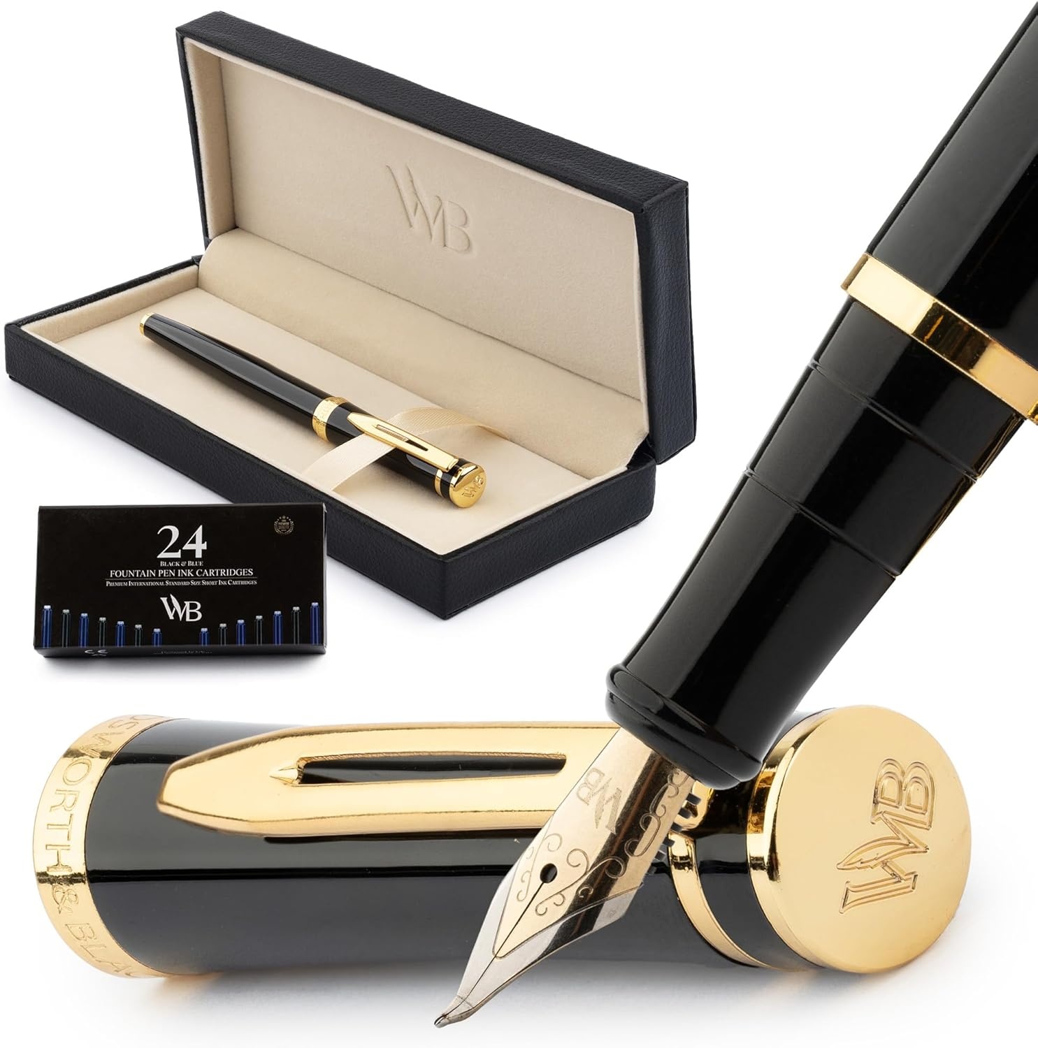 image:imageWordsworth amp Black Fountain Pen Set Medium Nib Includes 24 Ink Cartridges and Ink Refill Converter Gift Case Journaling Calligraphy Smooth Writing Pens Black Chrome Perfect for Men and WomenBlack Gold