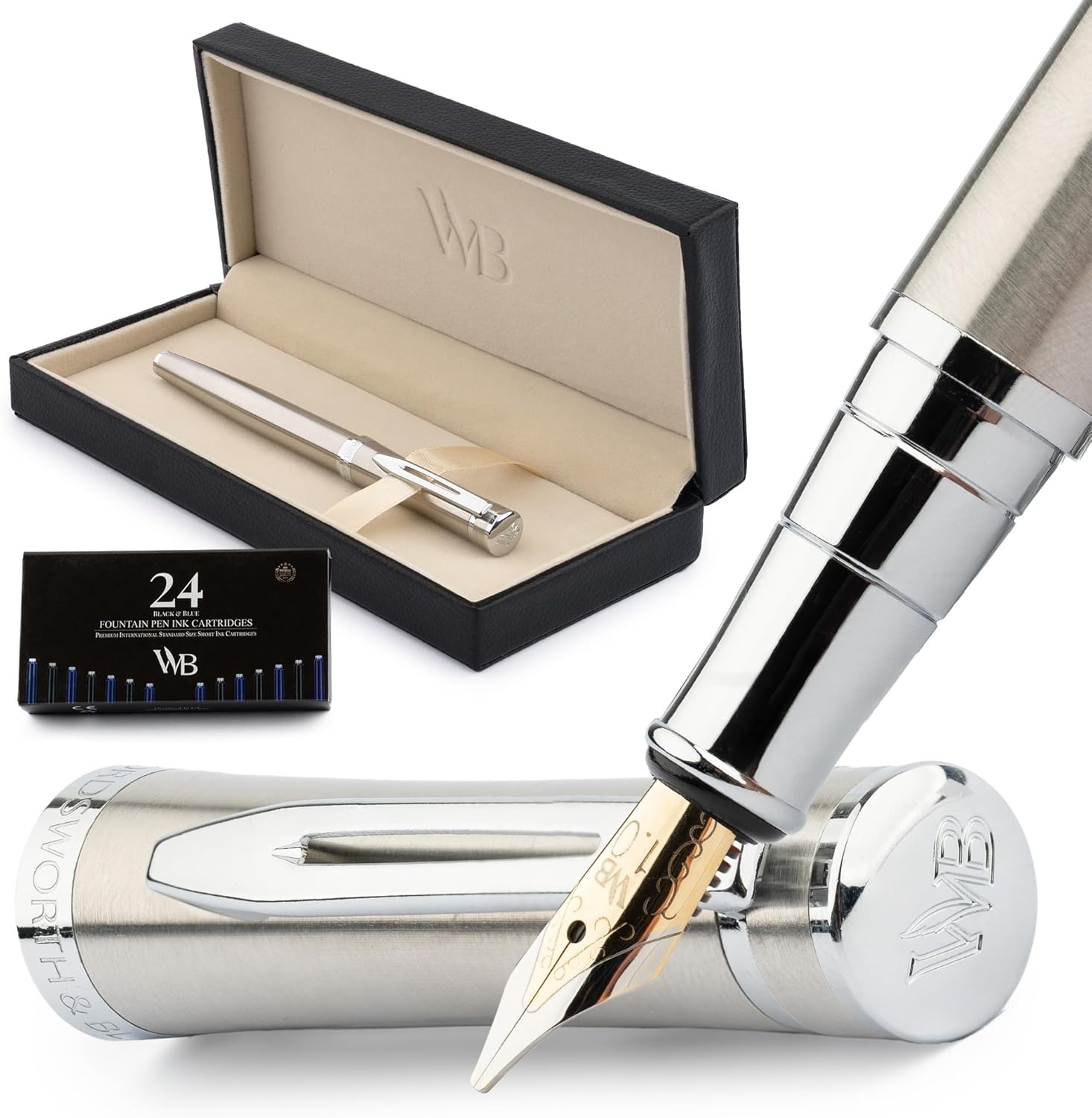 image:imageWordsworth amp Black Fountain Pen Set Medium Nib Includes 24 Ink Cartridges and Ink Refill Converter Gift Case Journaling Calligraphy Smooth Writing Pens Black Chrome Perfect for Men and WomenSilver Chrome