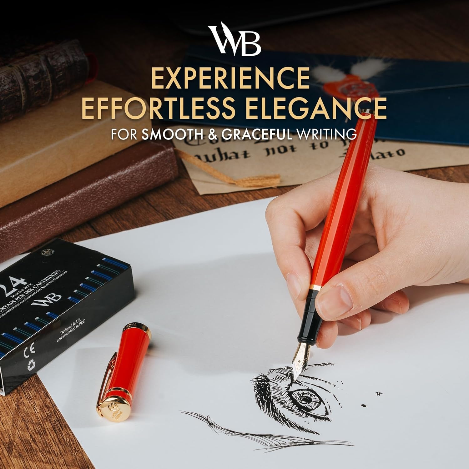 image:imageWordsworth amp Black Fountain Pen Set Medium Nib Includes 24 Ink Cartridges and Ink Refill Converter Gift Case Journaling Calligraphy Smooth Writing Pens Black Chrome Perfect for Men and WomenCrimson Red