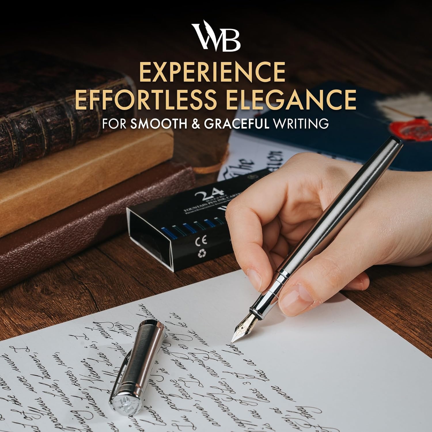 image:imageWordsworth amp Black Fountain Pen Set Medium Nib Includes 24 Ink Cartridges and Ink Refill Converter Gift Case Journaling Calligraphy Smooth Writing Pens Black Chrome Perfect for Men and WomenSilver Chrome