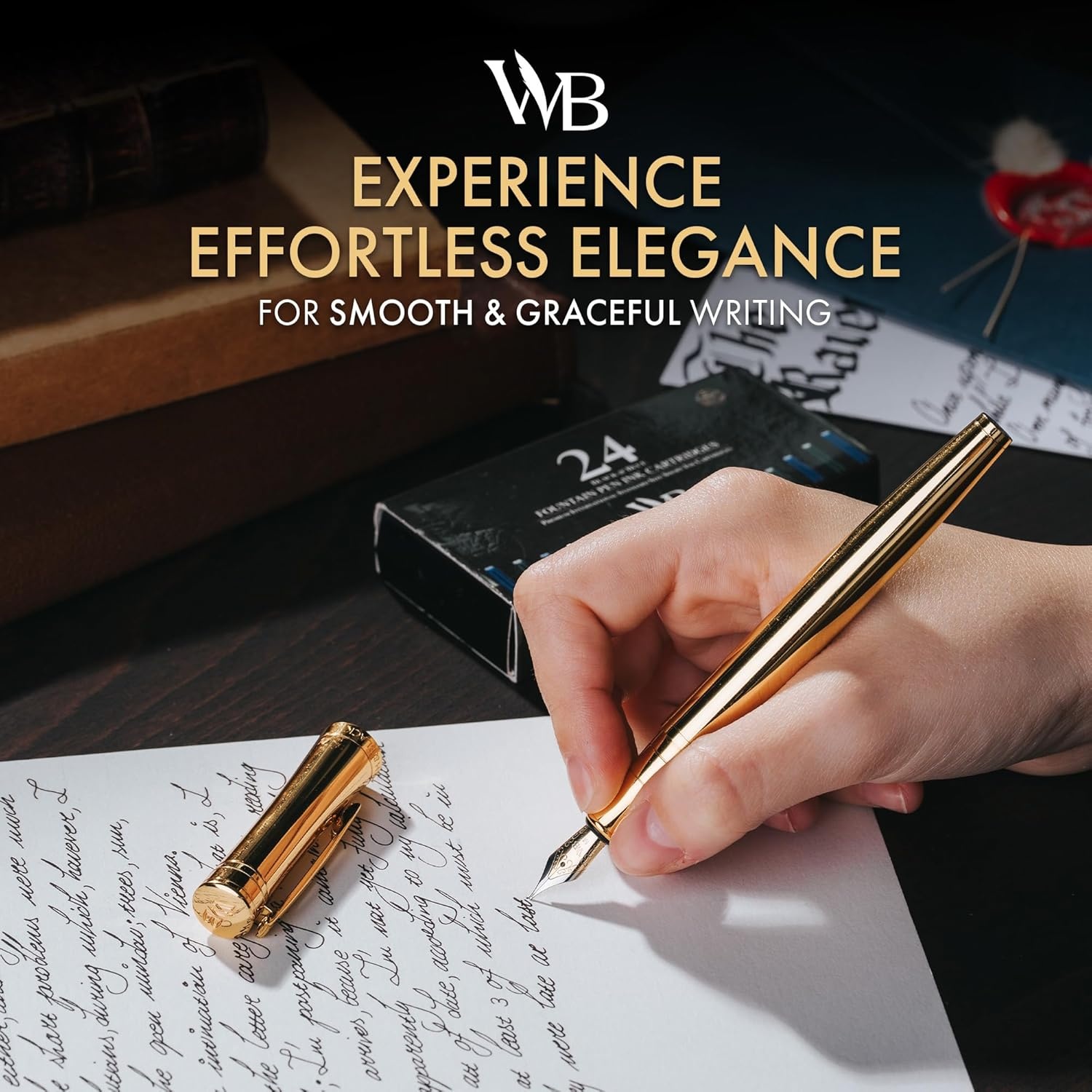 image:imageWordsworth amp Black Fountain Pen Set Medium Nib Includes 24 Ink Cartridges and Ink Refill Converter Gift Case Journaling Calligraphy Smooth Writing Pens Black Chrome Perfect for Men and WomenGold