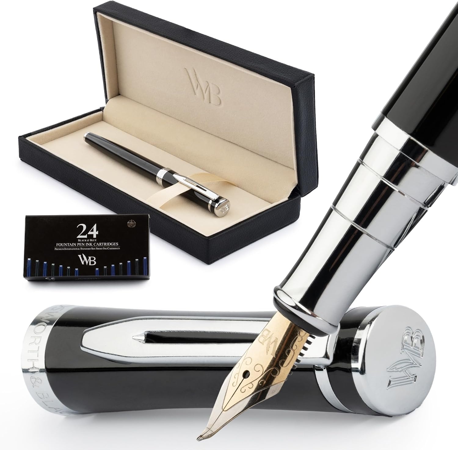 image:imageWordsworth amp Black Fountain Pen Set Medium Nib Includes 24 Ink Cartridges and Ink Refill Converter Gift Case Journaling Calligraphy Smooth Writing Pens Black Chrome Perfect for Men and WomenBlack Chrome