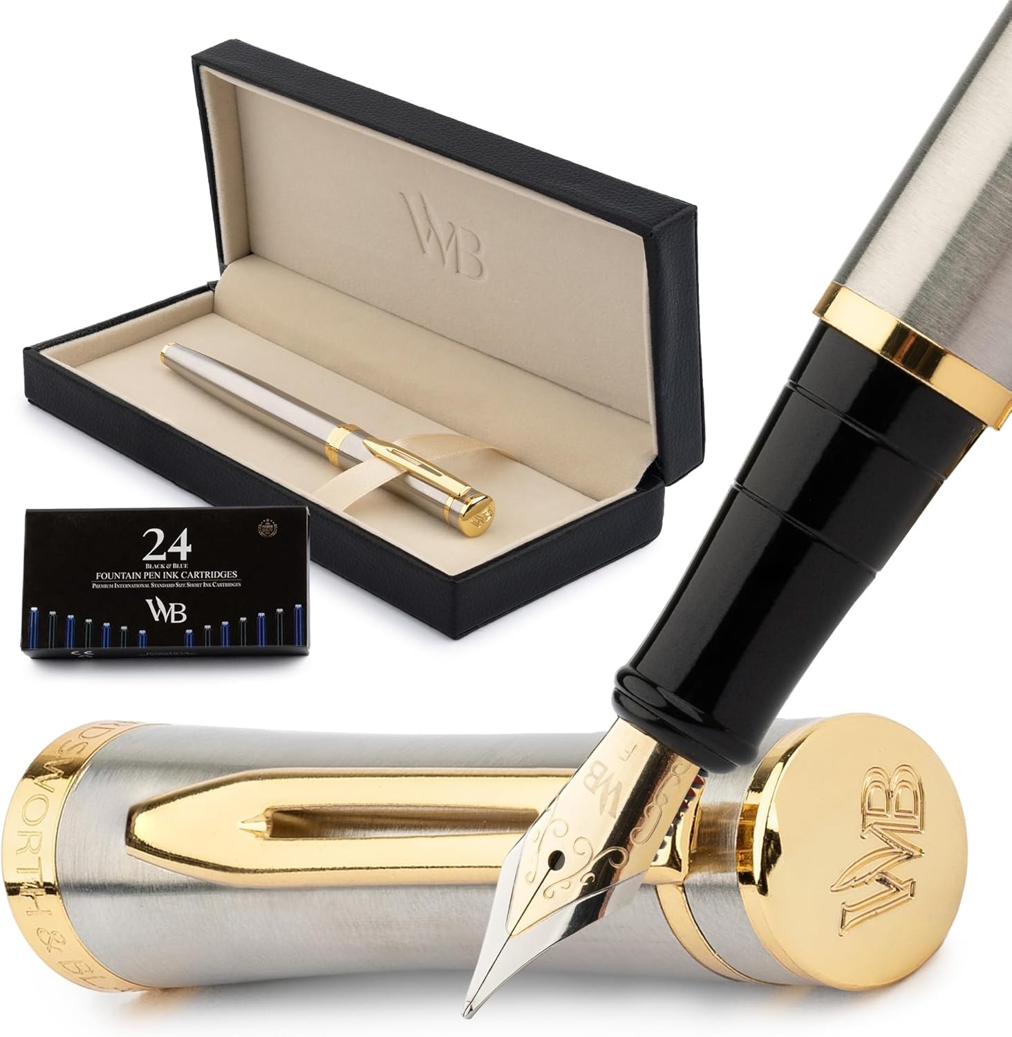 image:imageWordsworth amp Black Fountain Pen Set Medium Nib Includes 24 Ink Cartridges and Ink Refill Converter Gift Case Journaling Calligraphy Smooth Writing Pens Black Chrome Perfect for Men and WomenSilver Gold