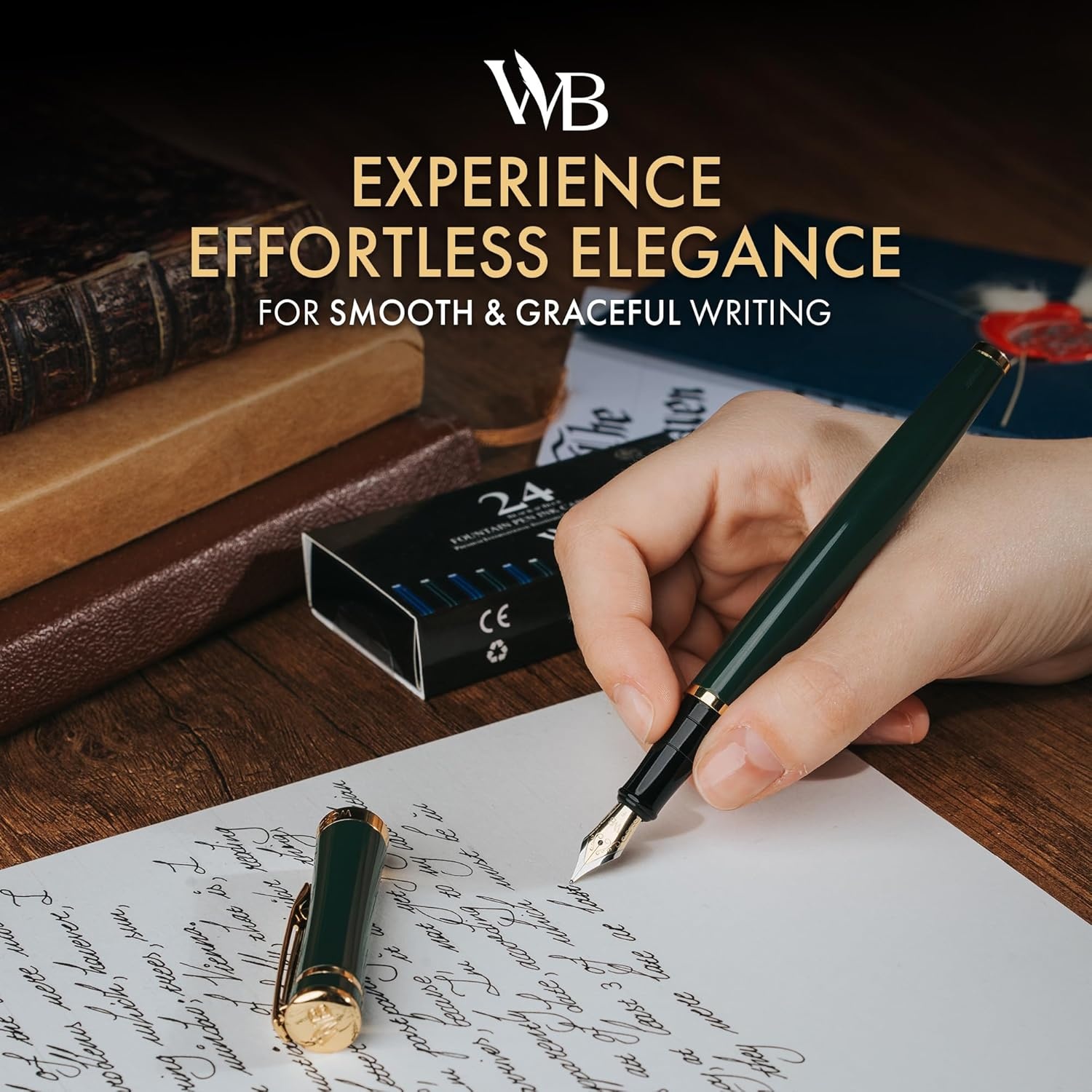 image:imageWordsworth amp Black Fountain Pen Set Medium Nib Includes 24 Ink Cartridges and Ink Refill Converter Gift Case Journaling Calligraphy Smooth Writing Pens Black Chrome Perfect for Men and WomenRacing Green