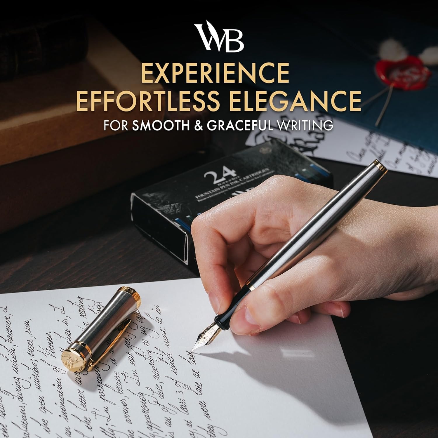 image:imageWordsworth amp Black Fountain Pen Set Medium Nib Includes 24 Ink Cartridges and Ink Refill Converter Gift Case Journaling Calligraphy Smooth Writing Pens Black Chrome Perfect for Men and WomenSilver Gold