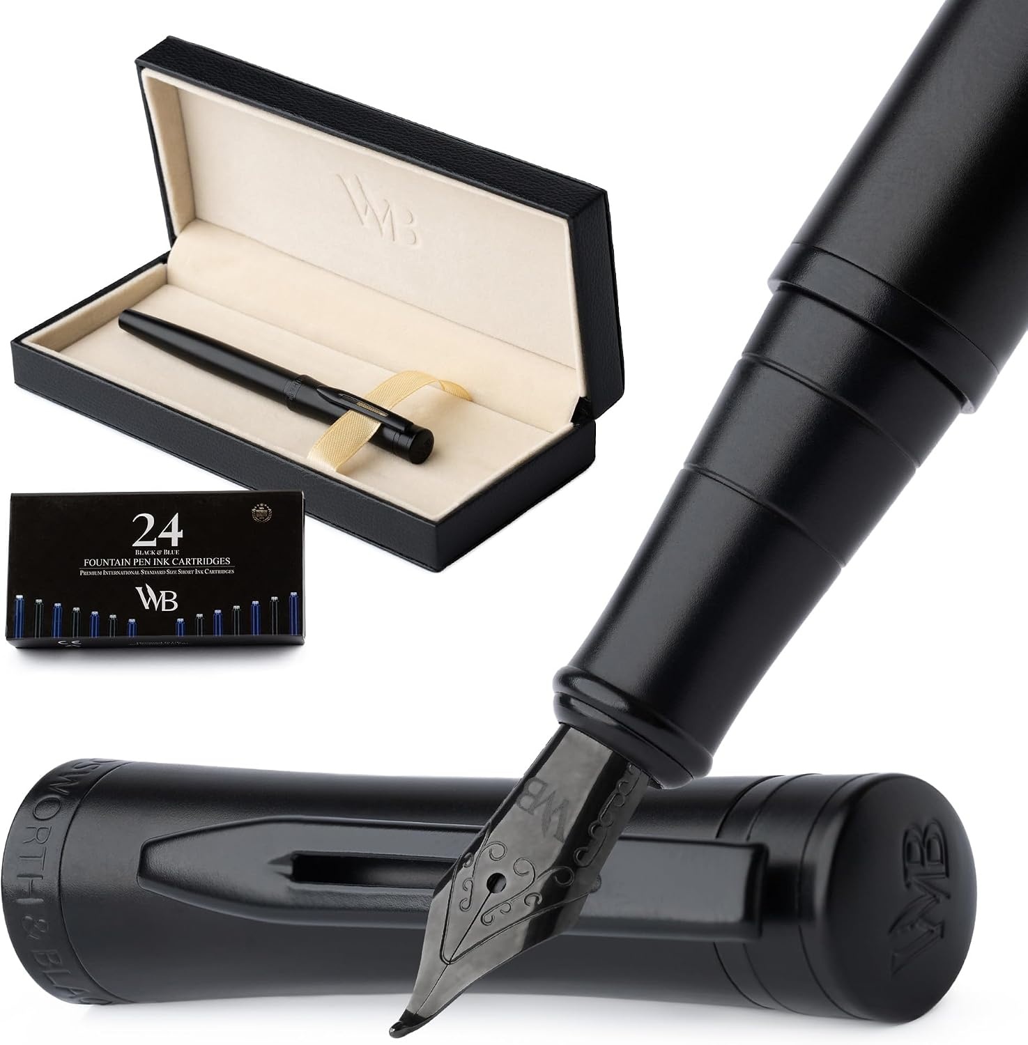 image:imageWordsworth amp Black Fountain Pen Set Medium Nib Includes 24 Ink Cartridges and Ink Refill Converter Gift Case Journaling Calligraphy Smooth Writing Pens Black Chrome Perfect for Men and WomenAll Black