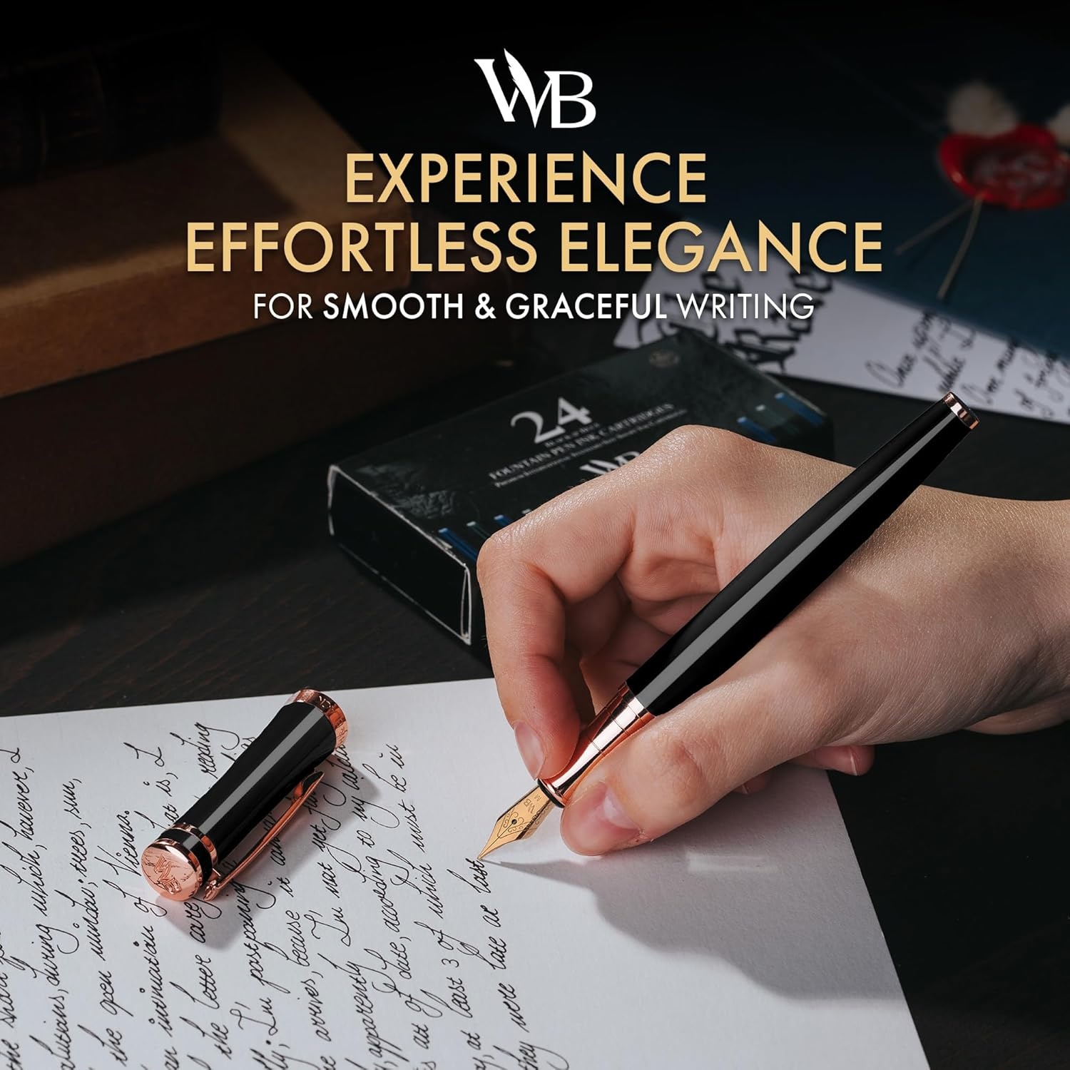 image:imageWordsworth amp Black Fountain Pen Set Medium Nib Includes 24 Ink Cartridges and Ink Refill Converter Gift Case Journaling Calligraphy Smooth Writing Pens Black Chrome Perfect for Men and WomenBlack Rose Gold