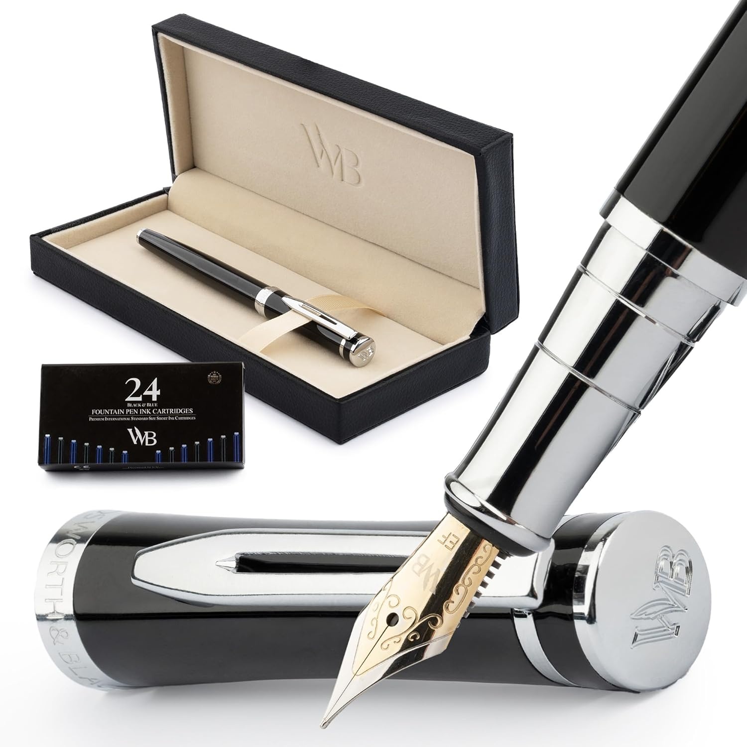 image:imageWordsworth amp Black Fountain Pen Set Medium Nib Includes 24 Ink Cartridges and Ink Refill Converter Gift Case Journaling Calligraphy Smooth Writing Pens Black Chrome Perfect for Men and WomenBlack Chrome