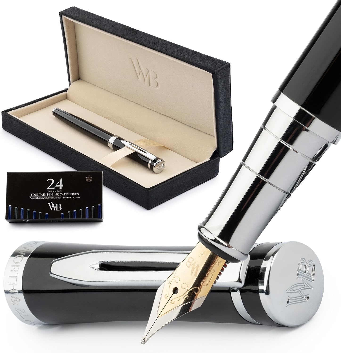 image:imageWordsworth amp Black Fountain Pen Set Medium Nib Includes 24 Ink Cartridges and Ink Refill Converter Gift Case Journaling Calligraphy Smooth Writing Pens Black Chrome Perfect for Men and WomenBlack Chrome