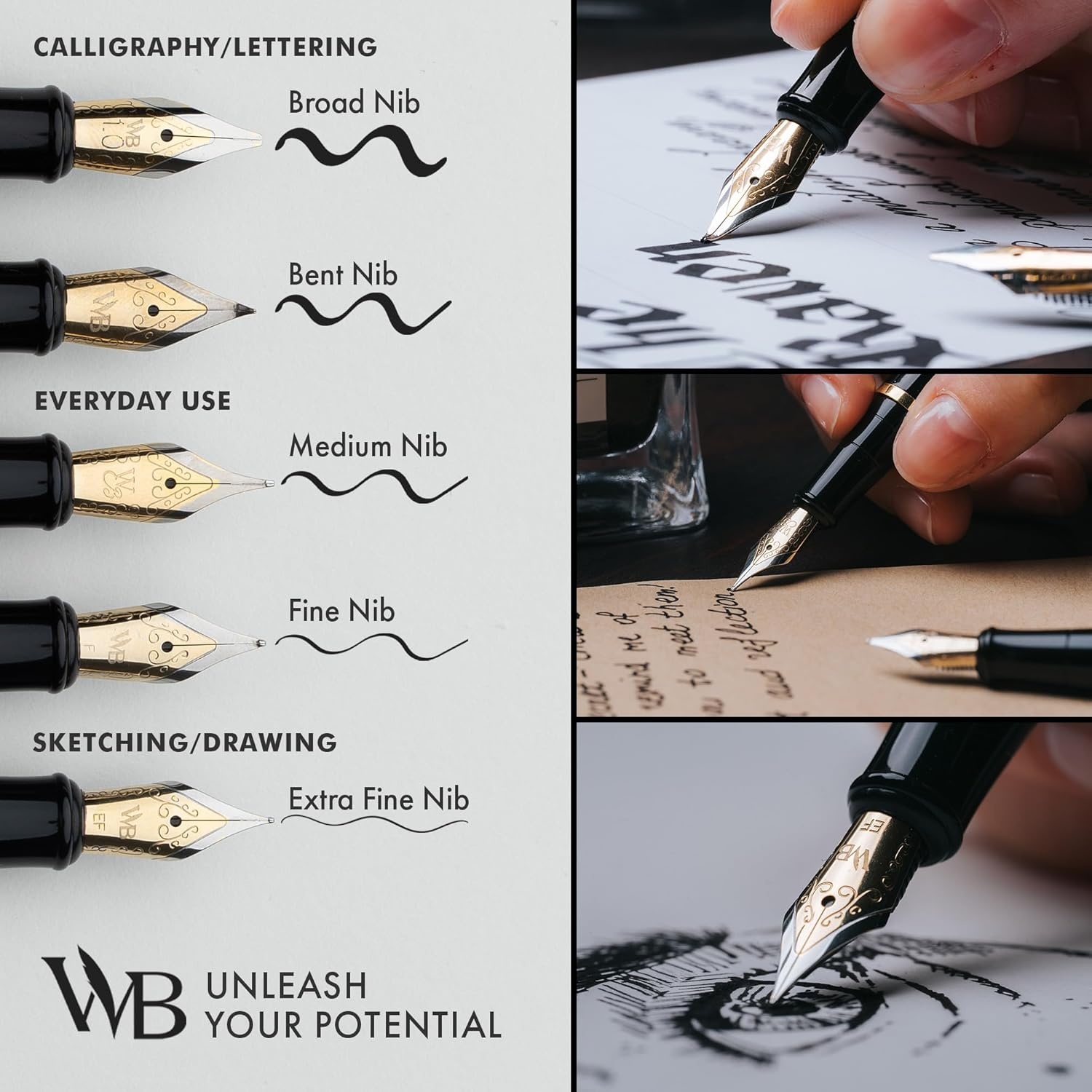 image:imageWordsworth amp Black Fountain Pen Set Medium Nib Includes 24 Ink Cartridges and Ink Refill Converter Gift Case Journaling Calligraphy Smooth Writing Pens Black Chrome Perfect for Men and WomenBlack Rose Gold
