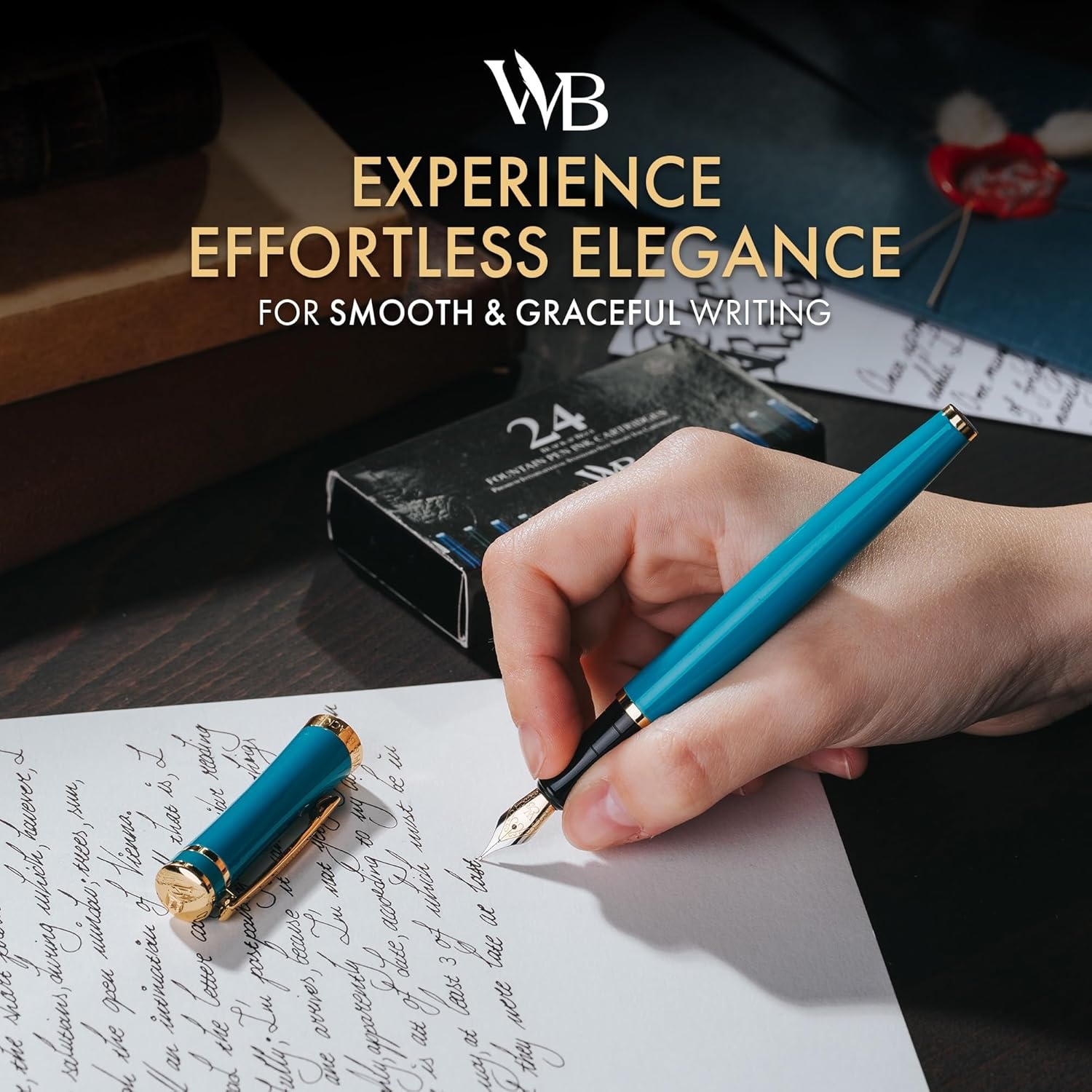 image:imageWordsworth amp Black Fountain Pen Set Medium Nib Includes 24 Ink Cartridges and Ink Refill Converter Gift Case Journaling Calligraphy Smooth Writing Pens Black Chrome Perfect for Men and WomenTurquoise Gold