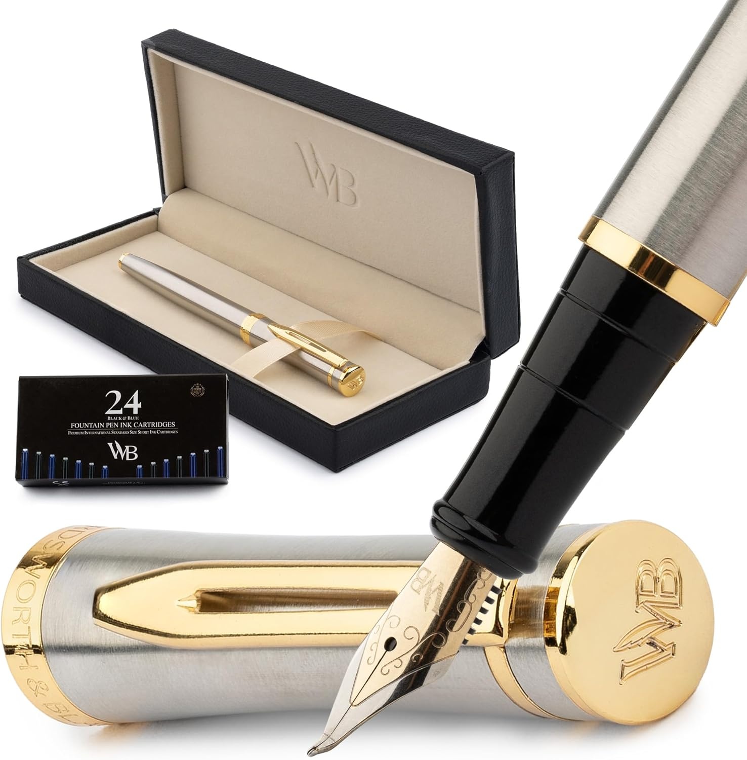 image:imageWordsworth amp Black Fountain Pen Set Medium Nib Includes 24 Ink Cartridges and Ink Refill Converter Gift Case Journaling Calligraphy Smooth Writing Pens Black Chrome Perfect for Men and WomenSilver Gold