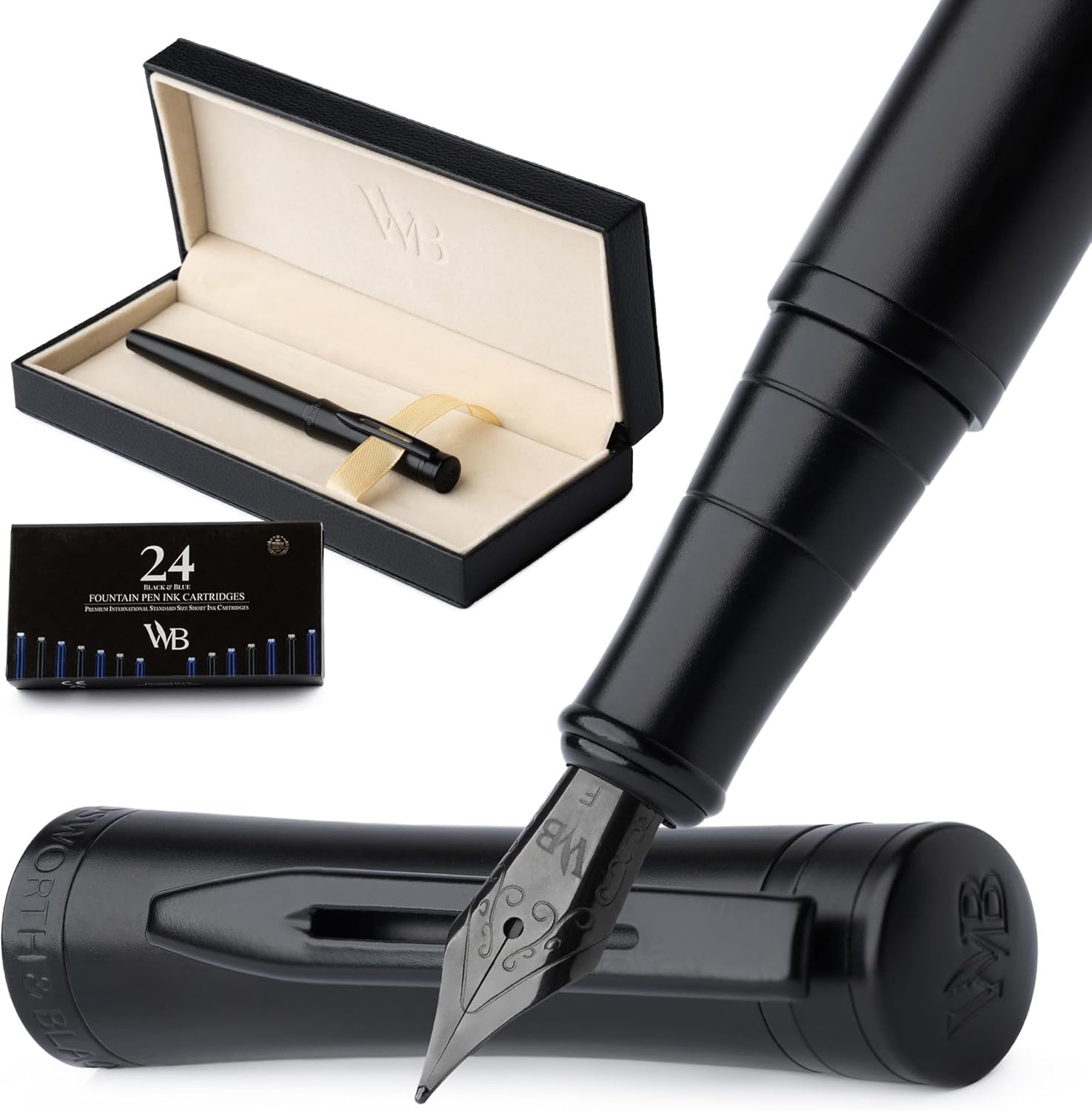 image:imageWordsworth amp Black Fountain Pen Set Medium Nib Includes 24 Ink Cartridges and Ink Refill Converter Gift Case Journaling Calligraphy Smooth Writing Pens Black Chrome Perfect for Men and WomenAll Black