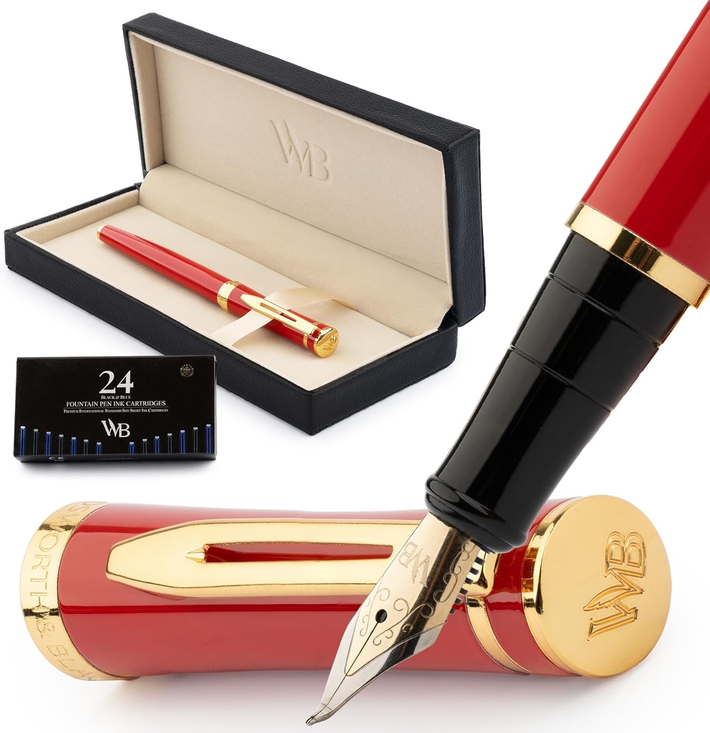 image:imageWordsworth amp Black Fountain Pen Set Medium Nib Includes 24 Ink Cartridges and Ink Refill Converter Gift Case Journaling Calligraphy Smooth Writing Pens Black Chrome Perfect for Men and WomenCrimson Red