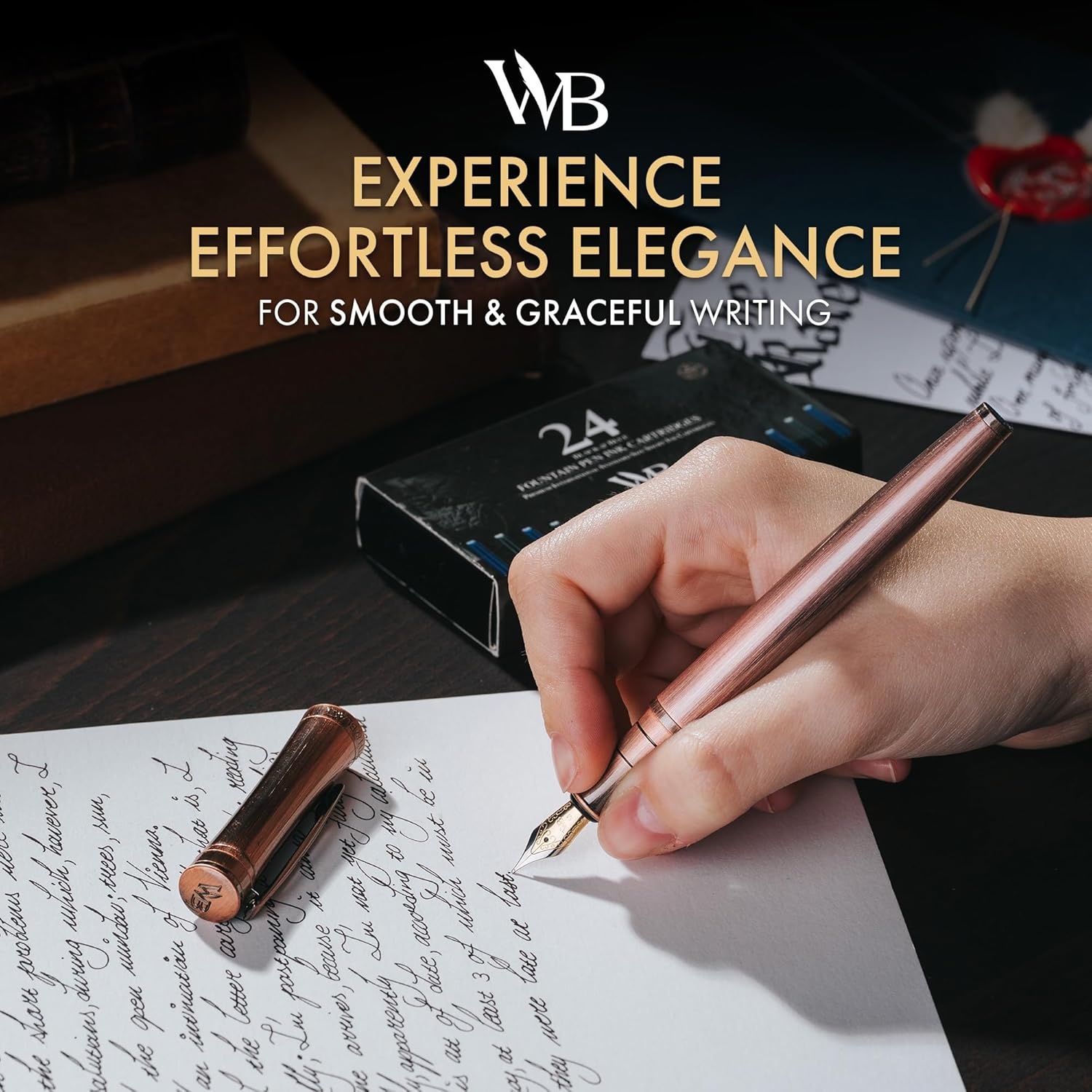 image:imageWordsworth amp Black Fountain Pen Set Medium Nib Includes 24 Ink Cartridges and Ink Refill Converter Gift Case Journaling Calligraphy Smooth Writing Pens Black Chrome Perfect for Men and WomenCopper