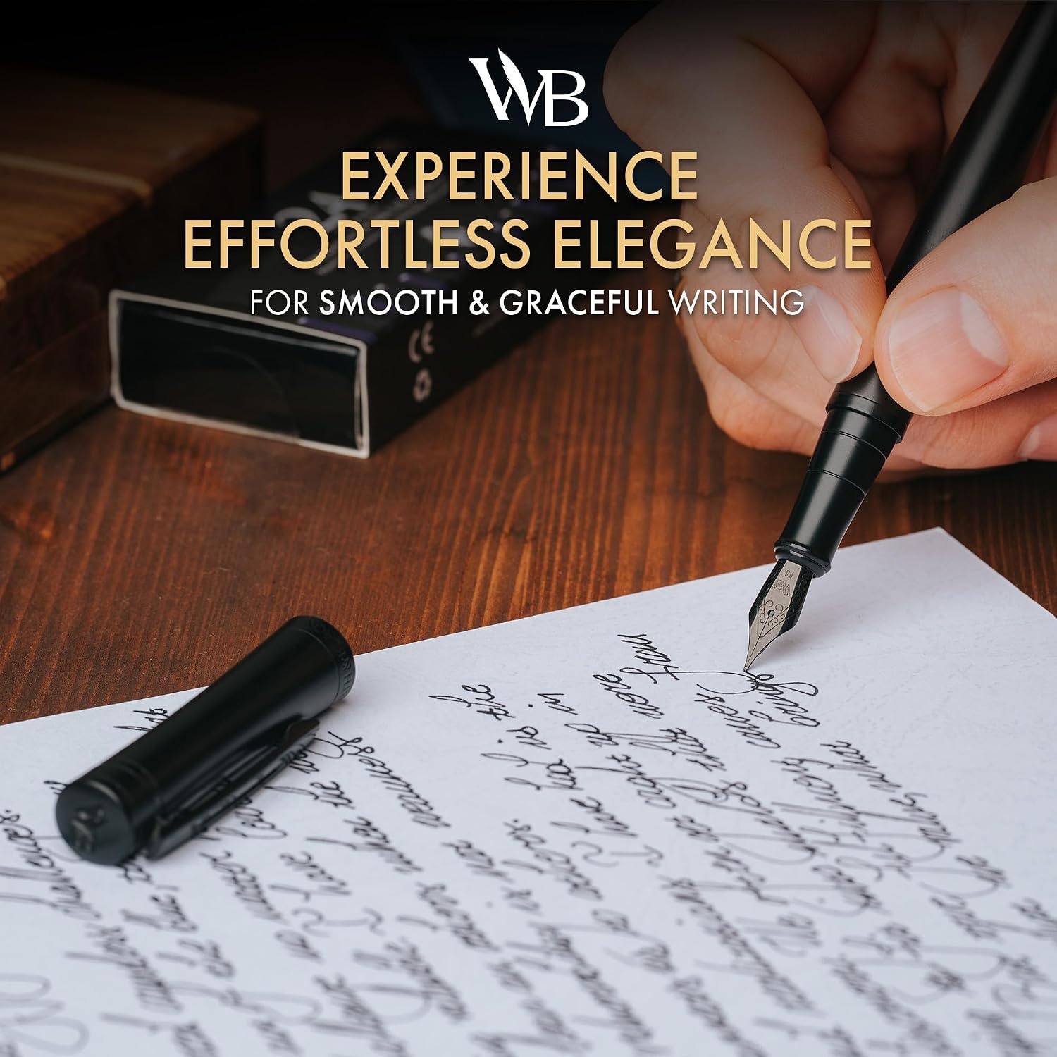 image:imageWordsworth amp Black Fountain Pen Set Medium Nib Includes 24 Ink Cartridges and Ink Refill Converter Gift Case Journaling Calligraphy Smooth Writing Pens Black Chrome Perfect for Men and WomenAll Black