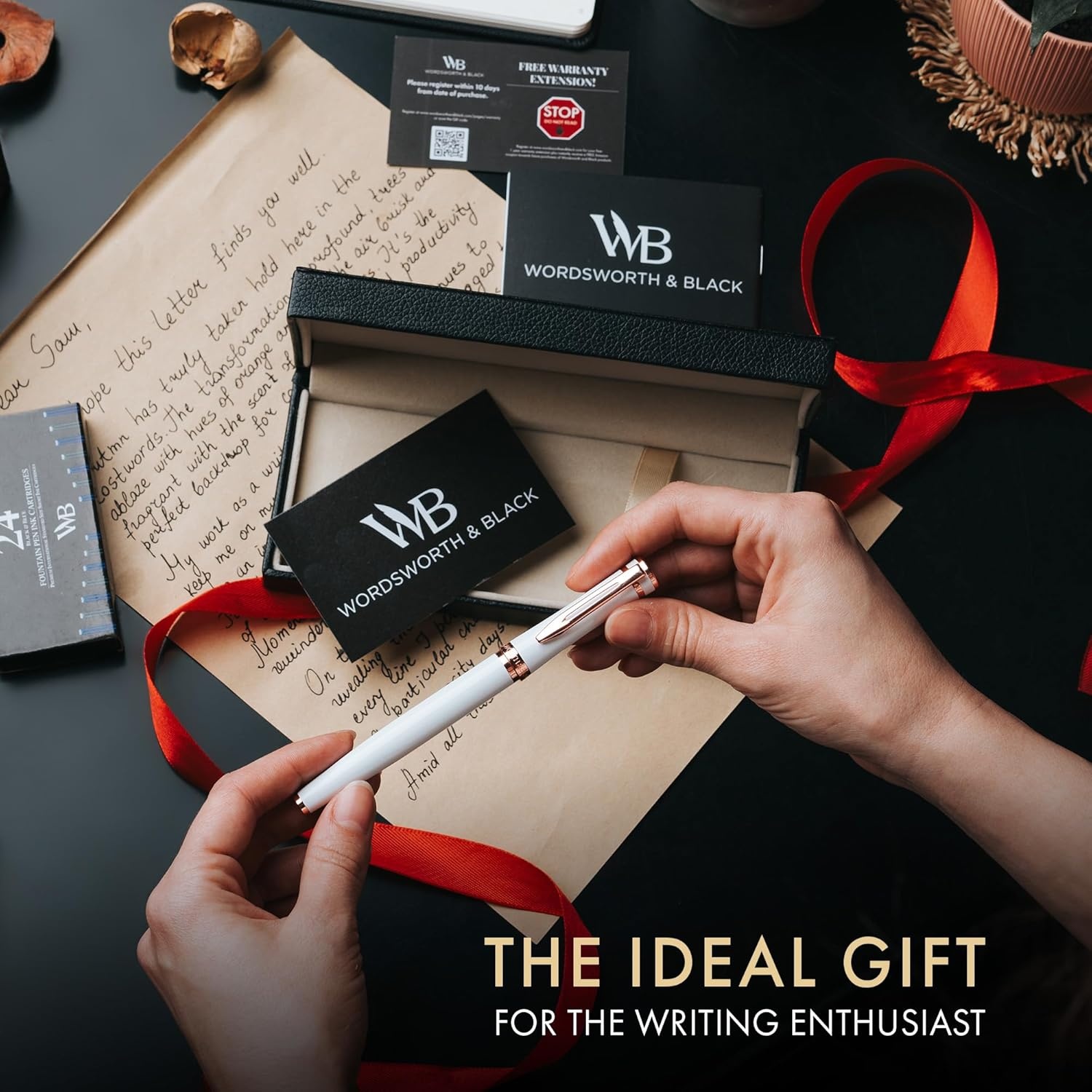 image:imageWordsworth amp Black Fountain Pen Set Medium Nib Includes 24 Ink Cartridges and Ink Refill Converter Gift Case Journaling Calligraphy Smooth Writing Pens Black Chrome Perfect for Men and WomenWhite Rose Gold